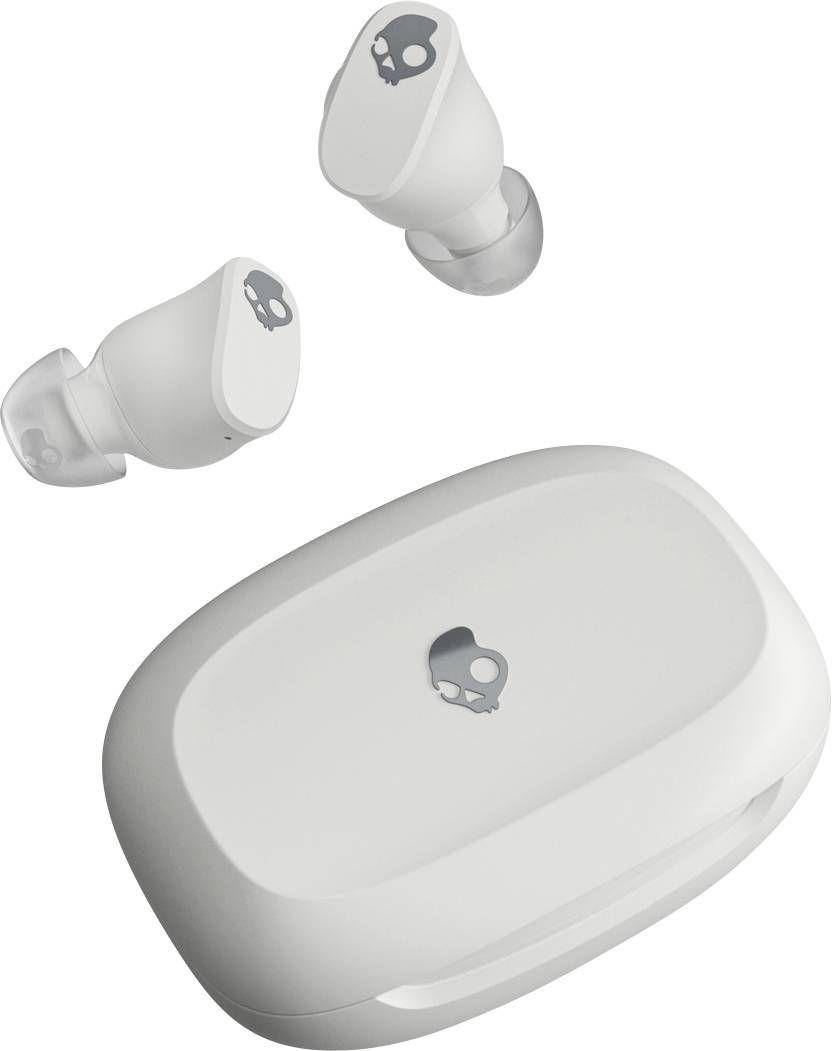 Écouteurs sans fil blancs Skullcandy avec étui de charge sur un fond blanc, montrant le logo Skullcandy sur chaque pièce.