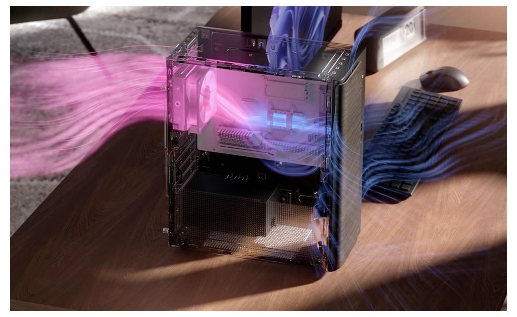 Illustration d'un boîtier d'ordinateur transparent avec des traînées de lumière ressemblant à des flux d'air colorés tourbillonnant autour de lui, suggérant le refroidissement ou le flux de données.