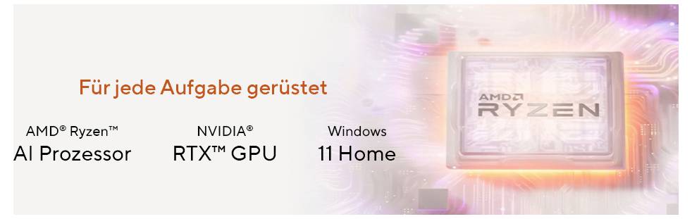Bannière promotionnelle pour le processeur AMD Ryzen AI, la GPU NVIDIA RTX et Windows 11 Édition Familiale, avec une puce Ryzen brillante et le texte allemand « Für jede Aufgabe gerüstet ».