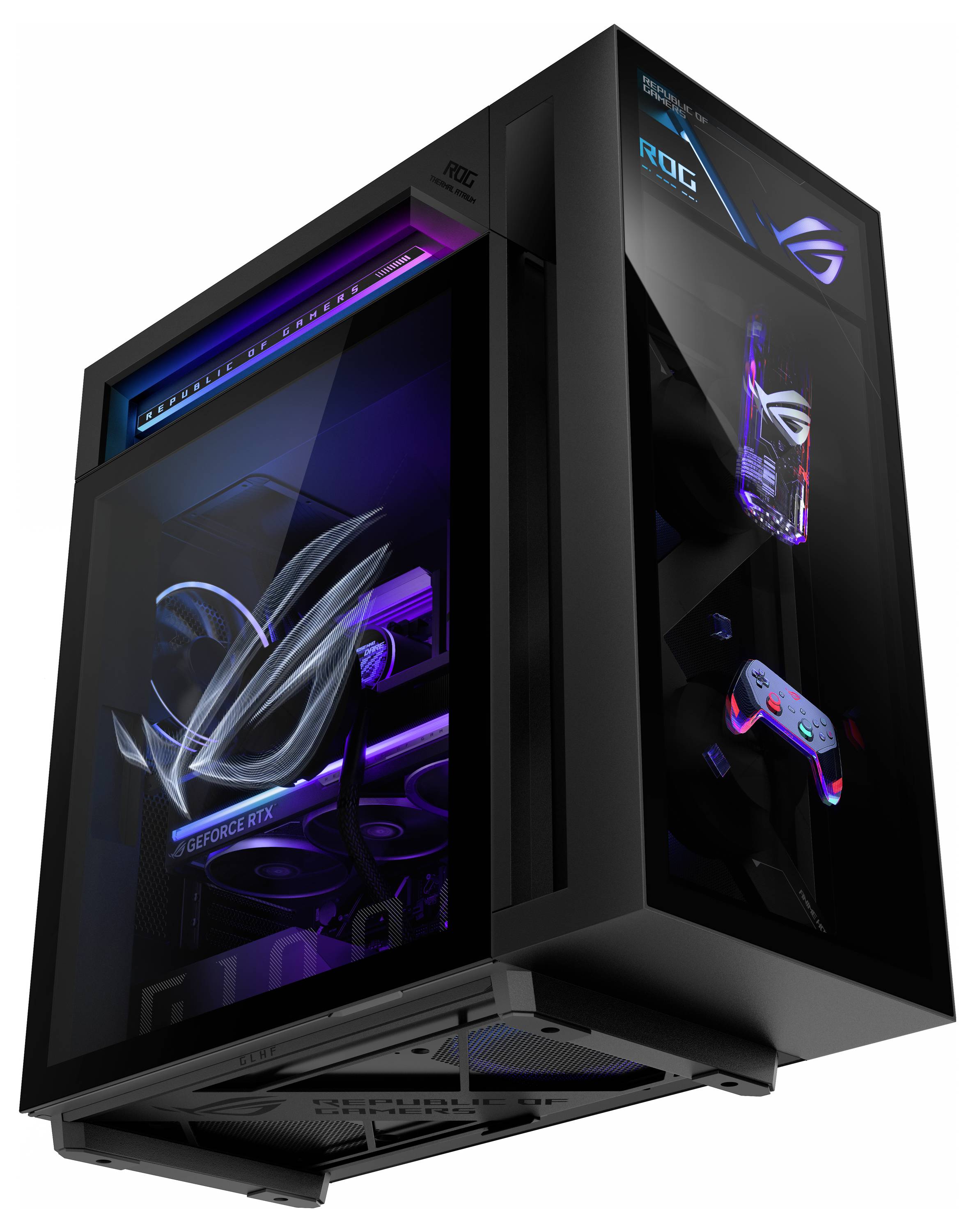 Tour de PC gaming noire avec panneaux en verre trempé, composants internes éclairés par RGB, et marquage ROG présenté sur fond blanc.