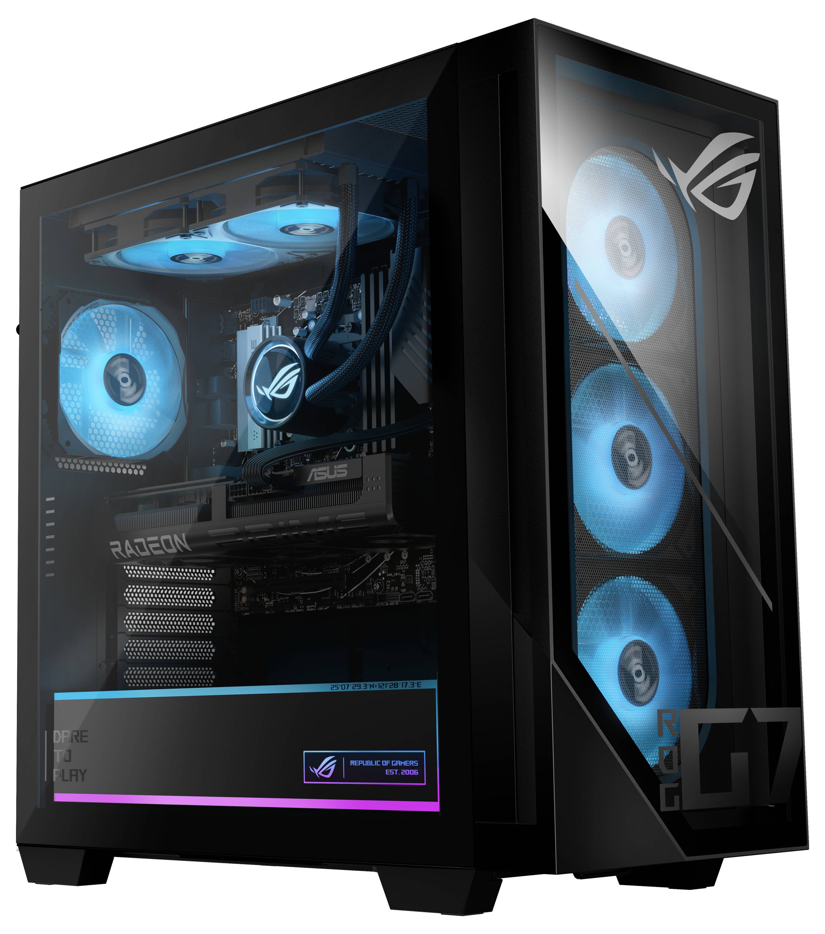 Tour de jeu noir avec panneaux en verre trempé, ventilateurs RGB bleus lumineux, et composants ASUS ROG/RADEON visibles à l'intérieur.