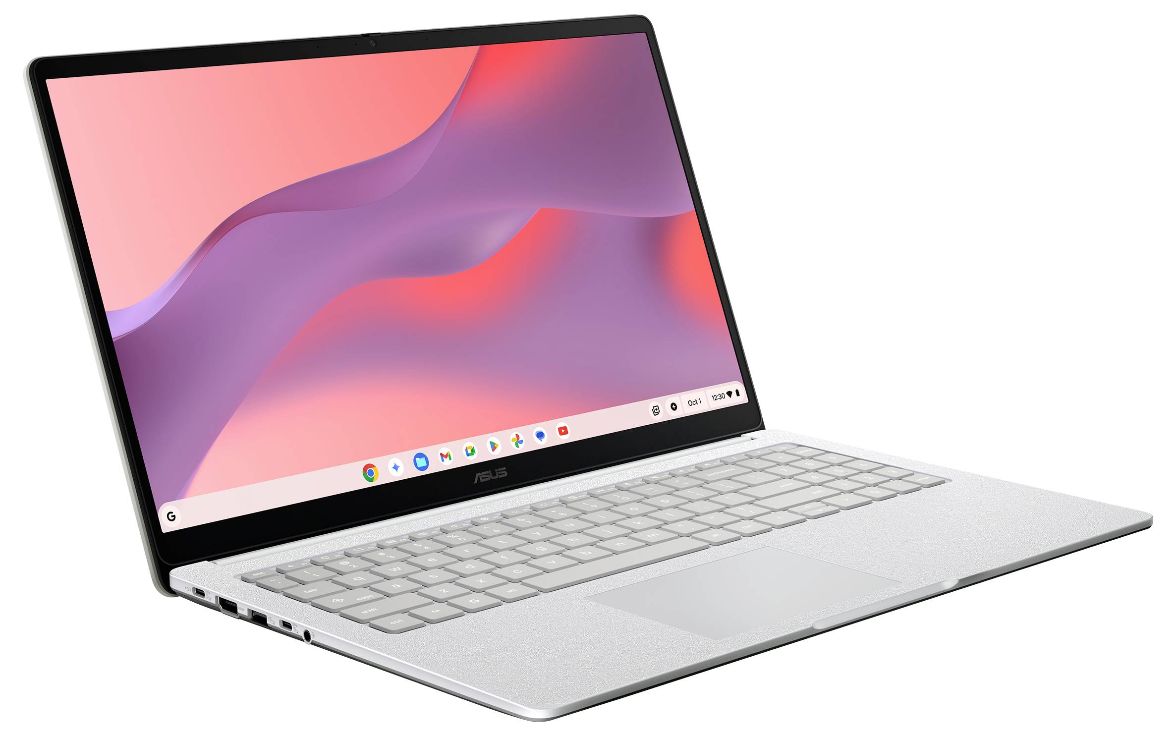 Ordinateur portable ASUS argenté ouvert à un angle, affichant un fond d'écran abstrait rose-violet et une barre des tâches centrée sur l'écran.