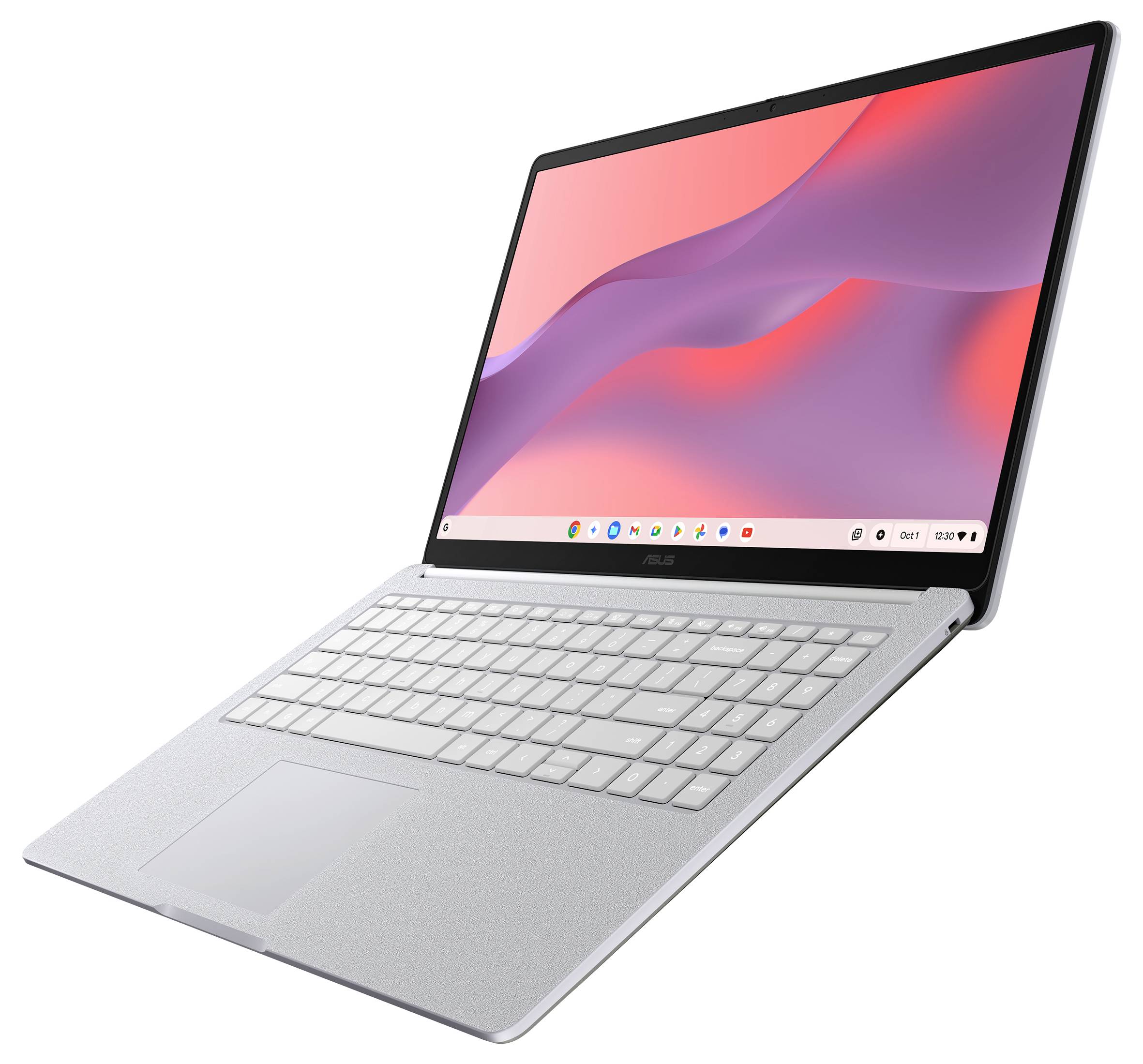Ordinateur portable ASUS argenté présenté ouvert selon un angle, affichant un fond d'écran abstrait rose-violet et une barre des tâches de style Windows sur l'écran.