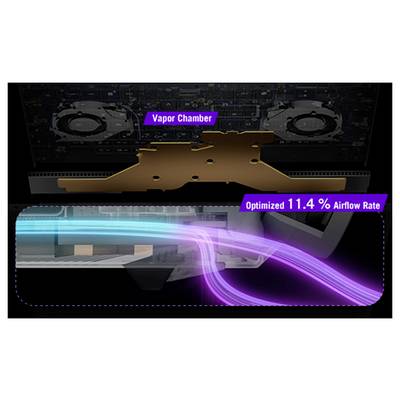 Graphique d'un système de refroidissement d'ordinateur portable montrant une chambre à vapeur et un débit d'air optimisé de 11,4% avec des trajets de flux d'air en bleu et en violet.