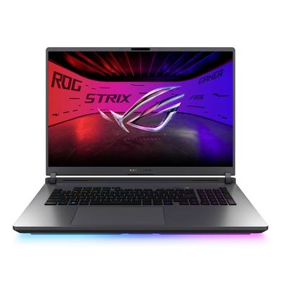 Vue de face d'un ordinateur portable de jeu ASUS ROG Strix avec clavier rétroéclairé RGB et écran affichant le logo ROG et « ROG STRIX GAMER » sur un fond dégradé rouge-bleu.