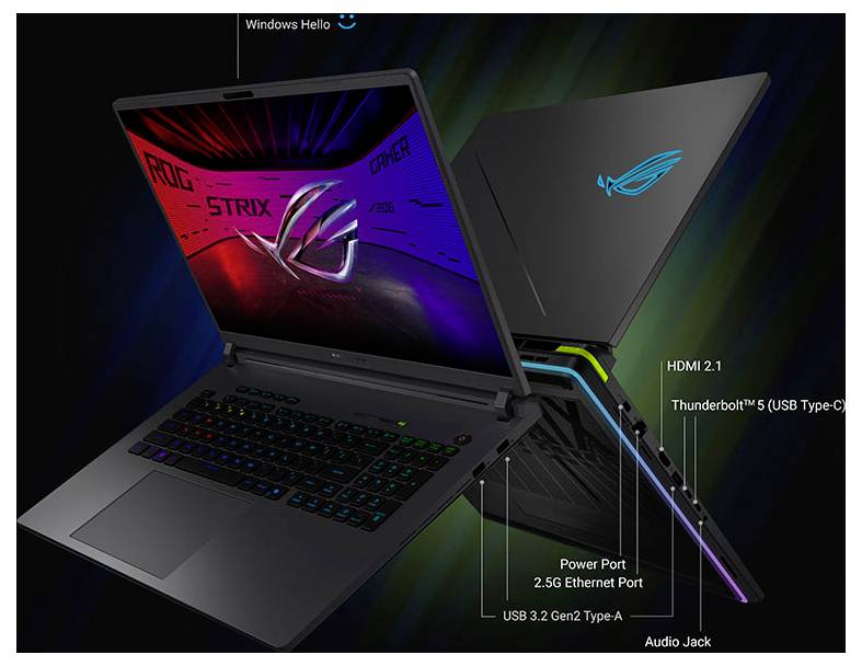 Ordinateur portable de jeu annoté montrant les ports et les fonctionnalités : Windows Hello, HDMI 2.1, Thunderbolt 5 USB-C, port d'alimentation, Ethernet 2.5G, USB 3.2 Gen 2 Type-A, et prise audio.