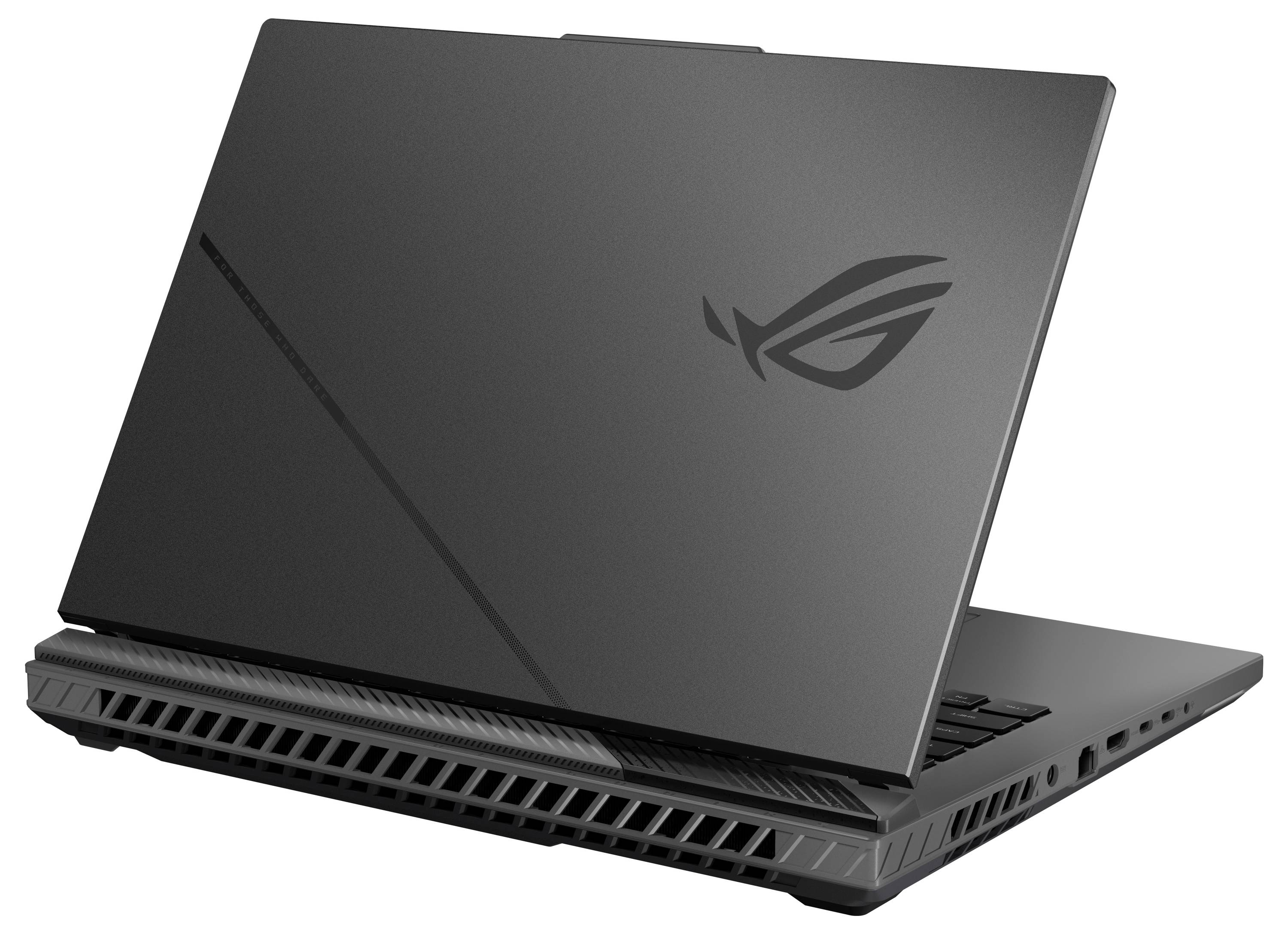Ordinateur portable de jeu ASUS ROG noir montré partiellement ouvert, avec un design de ventilation arrière illuminé et le logo Republic of Gamers sur le couvercle.