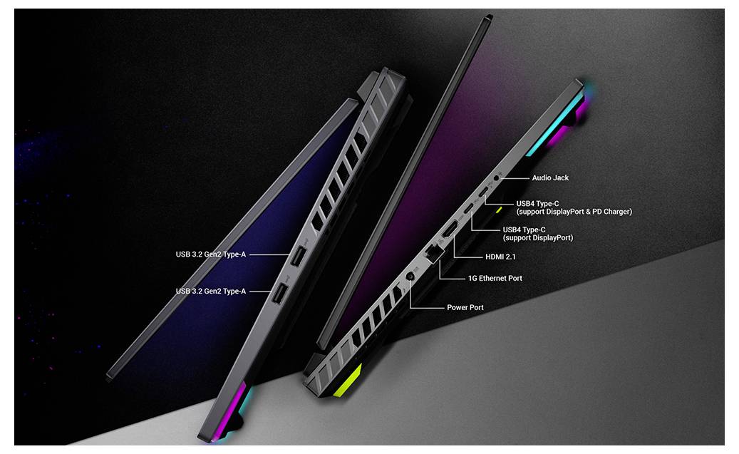 Vue latérale d'un ordinateur portable de jeu montrant les emplacements des ports : USB-C, USB-A, HDMI, Ethernet, alimentation et prise audio, avec des accents d'éclairage RVB.