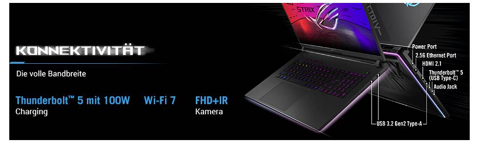 Graphique promotionnel d'ordinateurs portables mettant en avant la connectivité : Thunderbolt 5 avec charge 100W, Wi-Fi 7, caméra IR FHD+, et ports incluant l'alimentation, l'Ethernet, HDMI, Thunderbolt 5, USB Type-A, et prise audio.