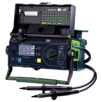 Instrument de test électrique portable avec affichage et clavier, connecté à deux câbles de sonde sur un cadre de transport vert.