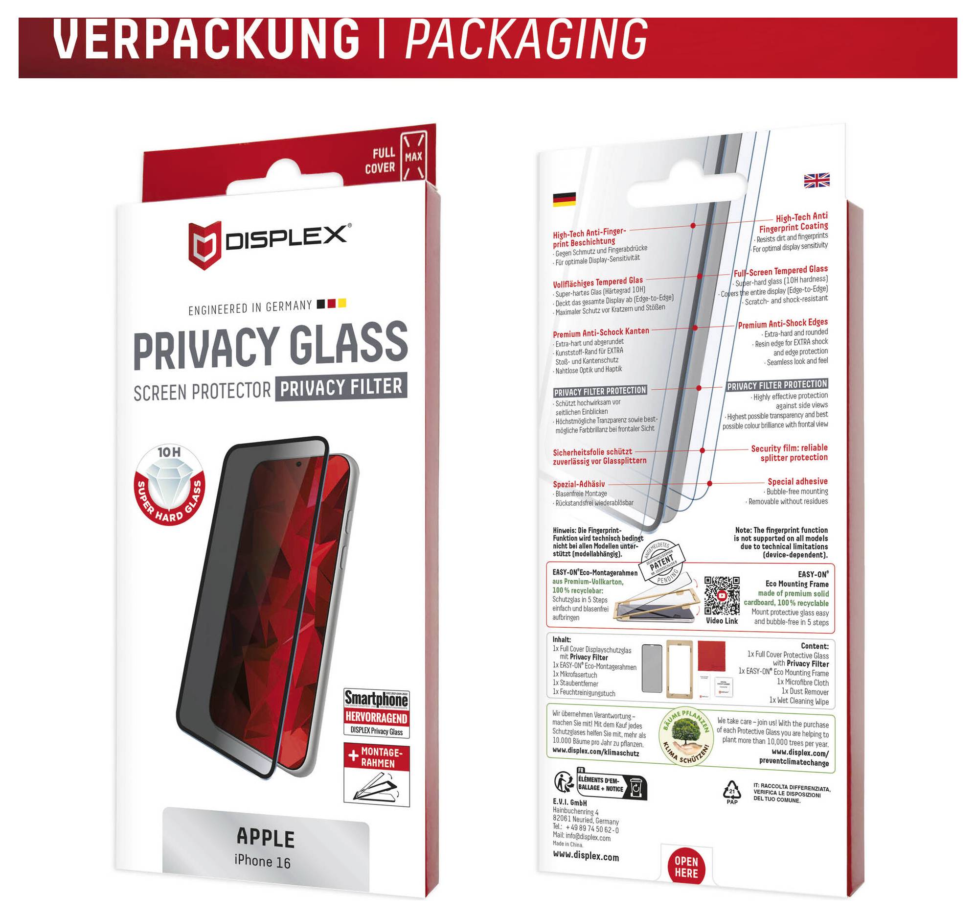 Emballage de produit pour le protecteur d'écran en verre teinté DISPLEX pour Apple iPhone 16, montrant l'avant et l'arrière de la boîte avec les caractéristiques du filtre de confidentialité et les informations d'installation.