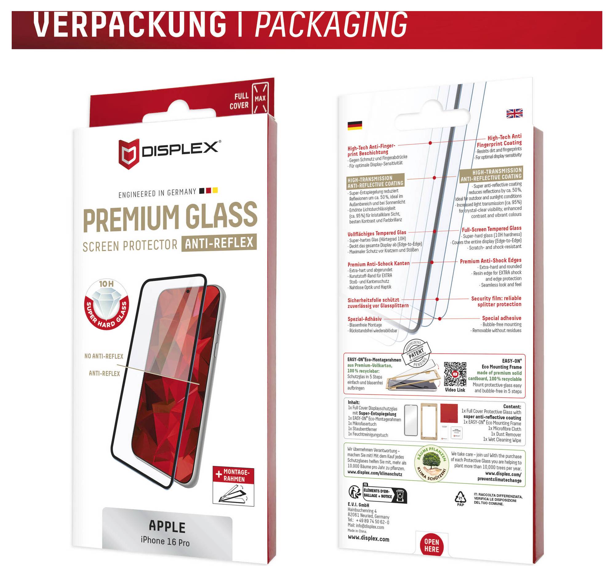 Emballage pour le protecteur d'écran anti-reflet en verre premium Displex pour Apple iPhone 16 Pro, montré de l'avant et de l'arrière avec les caractéristiques du produit et les étapes d'installation.