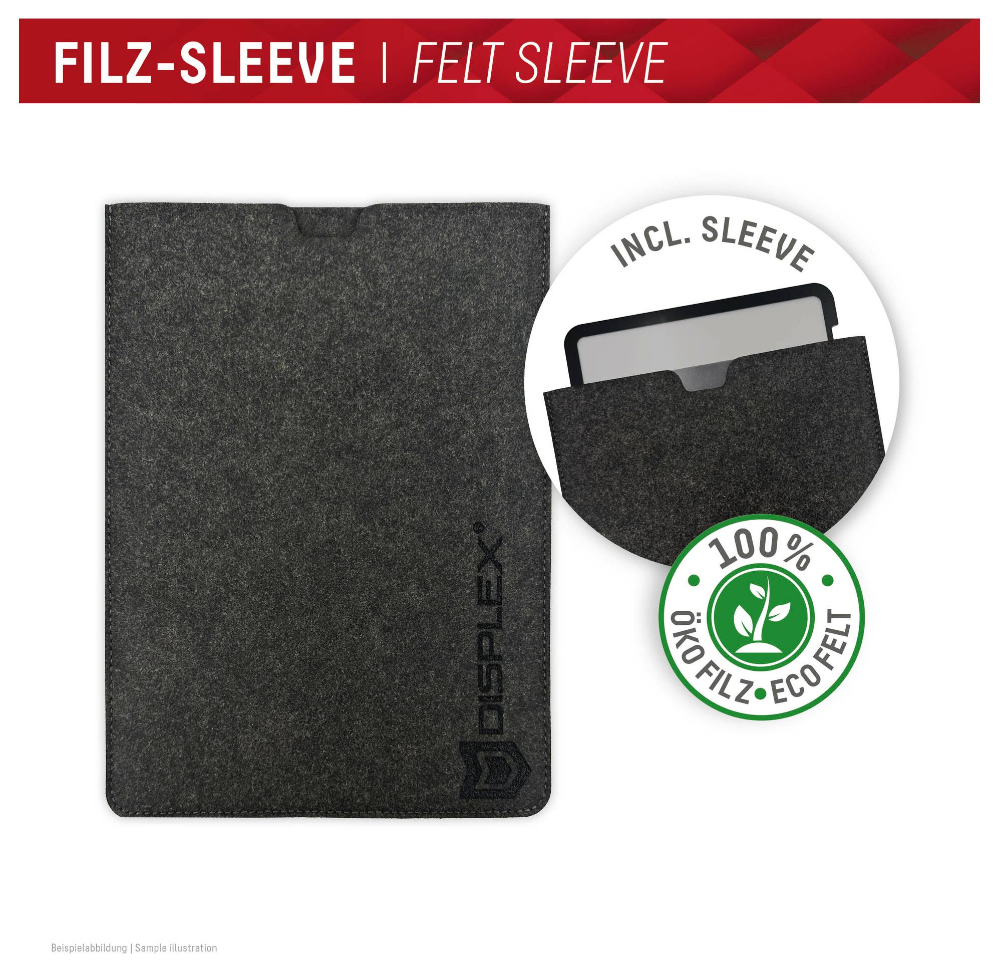 Étui en feutre gris foncé pour tablette ou ordinateur portable, étiqueté « FILZ-SLEEVE | FELT SLEEVE » et « INCL. SLEEVE » avec un badge écologique « 100% OXFILZ-ECOFELT ».