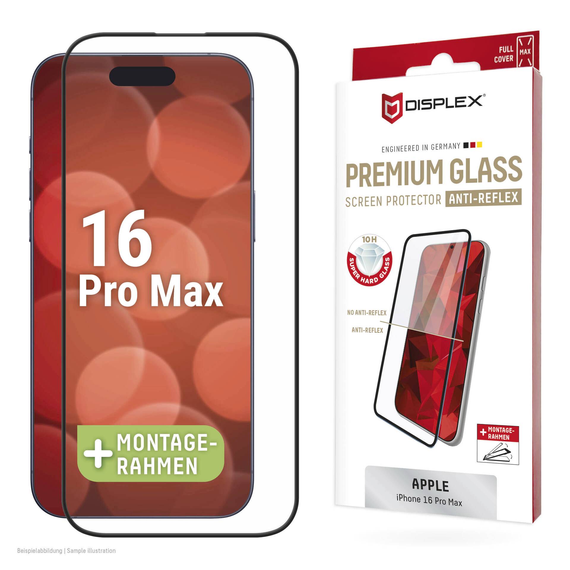 Kit de protecteur d'écran Apple iPhone 16 Pro Max avec cadre de montage noir et emballage en verre anti-reflet premium.