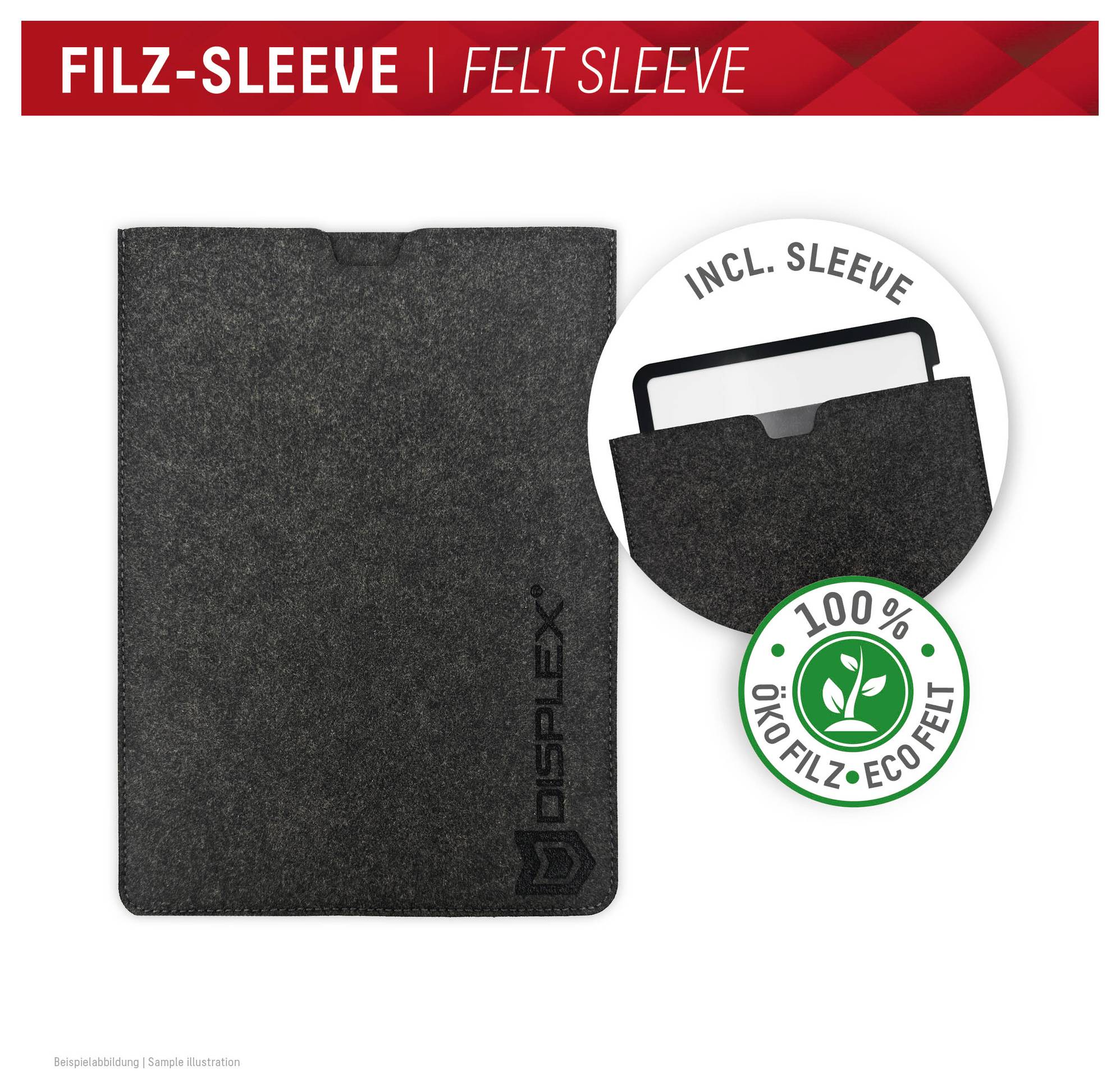 Housse en feutre noir pour tablette ou ordinateur portable, avec bannière « FILZ-SLEEVE | FELT SLEEVE », encart « INCL. SLEEVE » et badge 100% ecofelt.