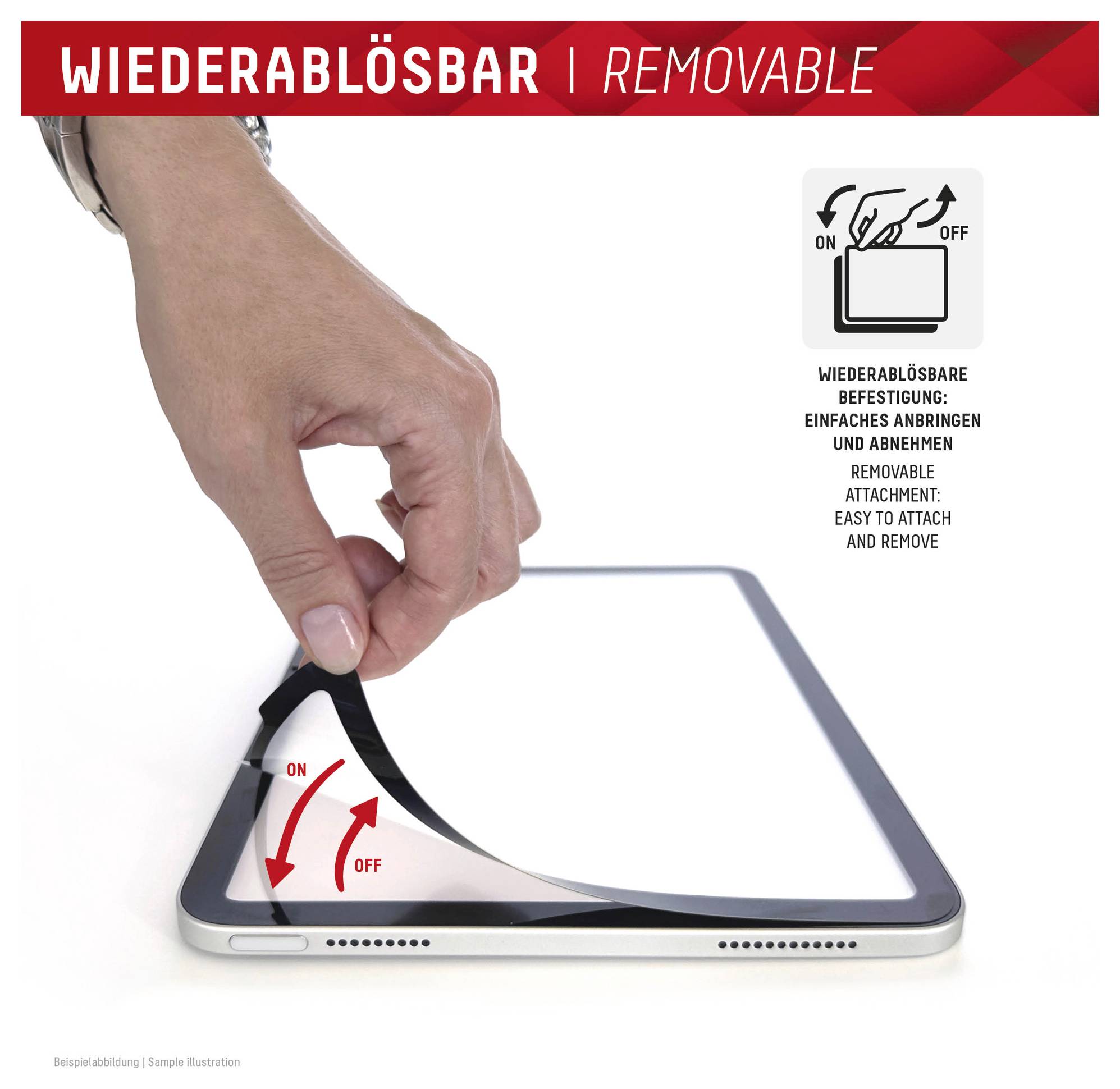 Main qui retire un protecteur d'écran adhésif réutilisable d'une tablette ; le texte dit « WIEDERABLÖSBAR | REMOVABLE » et « facile à appliquer et à retirer ».