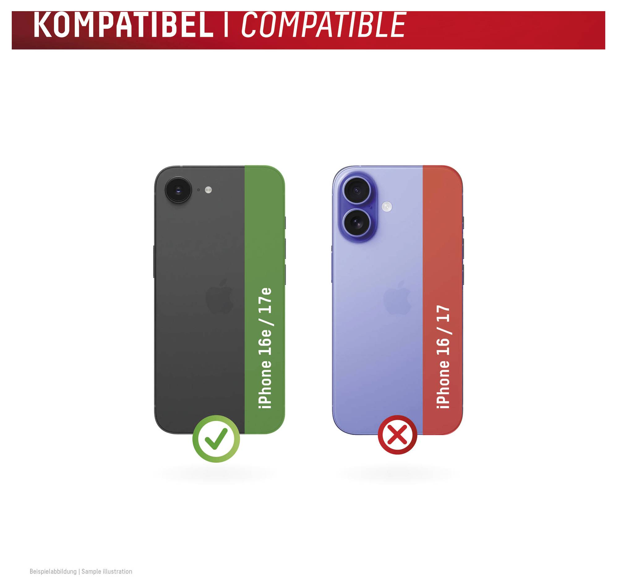 Graphique de compatibilité montrant l'iPhone 16e/17e avec une coche verte et l'iPhone 16/17 avec une croix rouge sous l'en-tête « KOMPATIBEL | COMPATIBLE ».