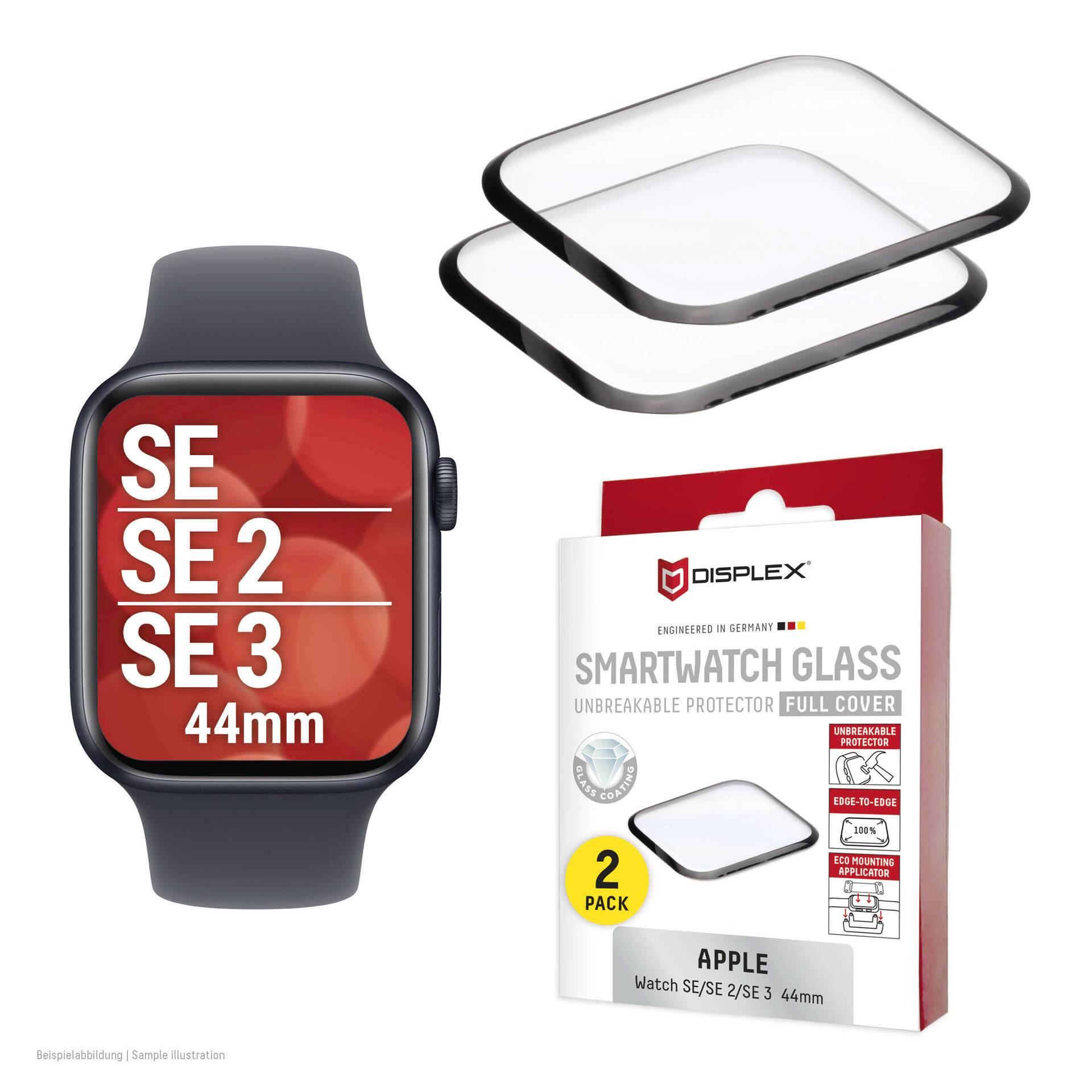 Protecteur d'écran pour Apple Watch SE/SE 2/SE 3 44 mm avec deux protections en verre et emballage montré à côté d'un écran Apple Watch