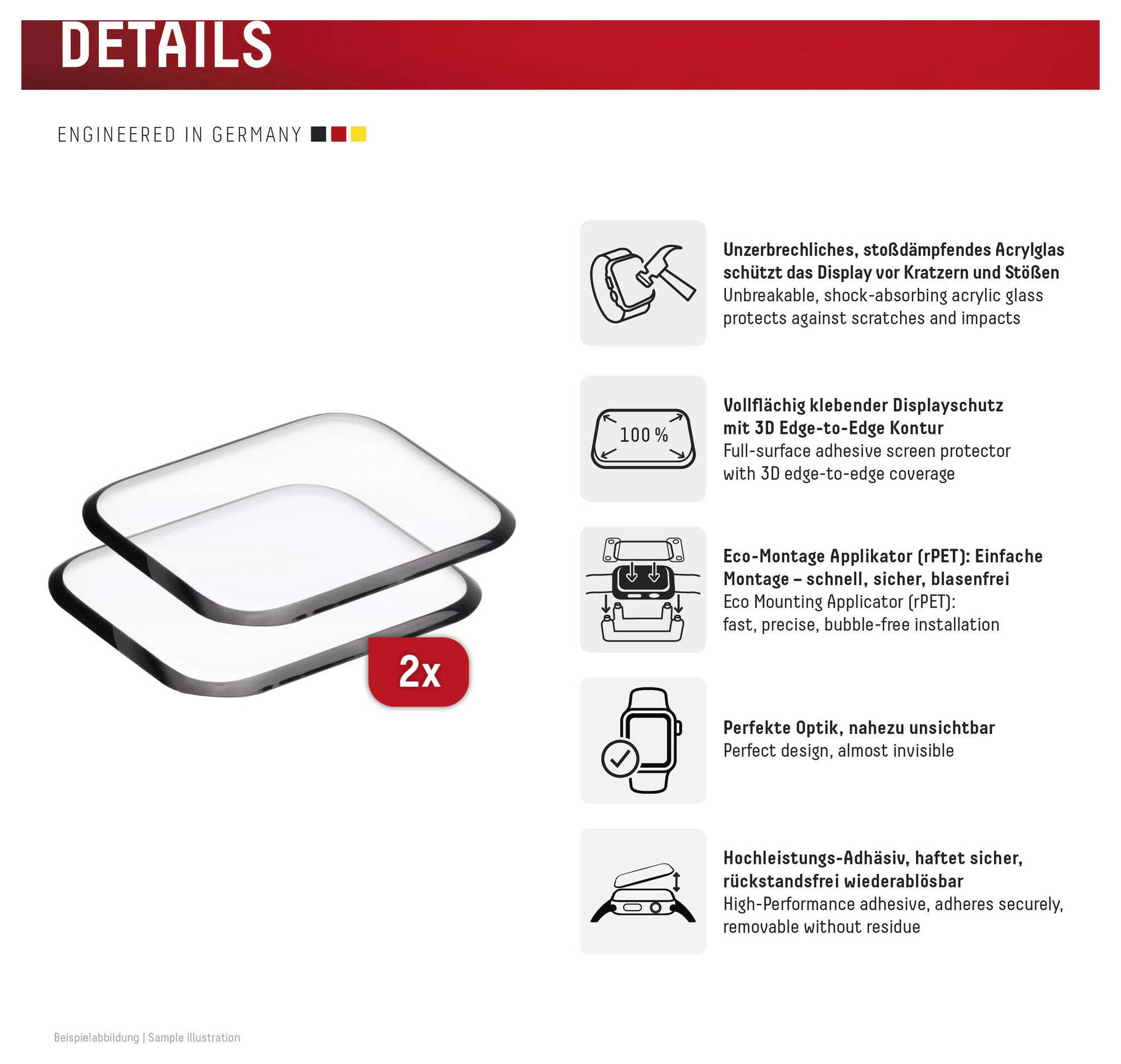 Détails du produit : image montrant 2x protecteurs d'écran en verre acrylique incassable avec couverture 3D sur l'ensemble des bords, installation facile et ajustement quasi-invisible.