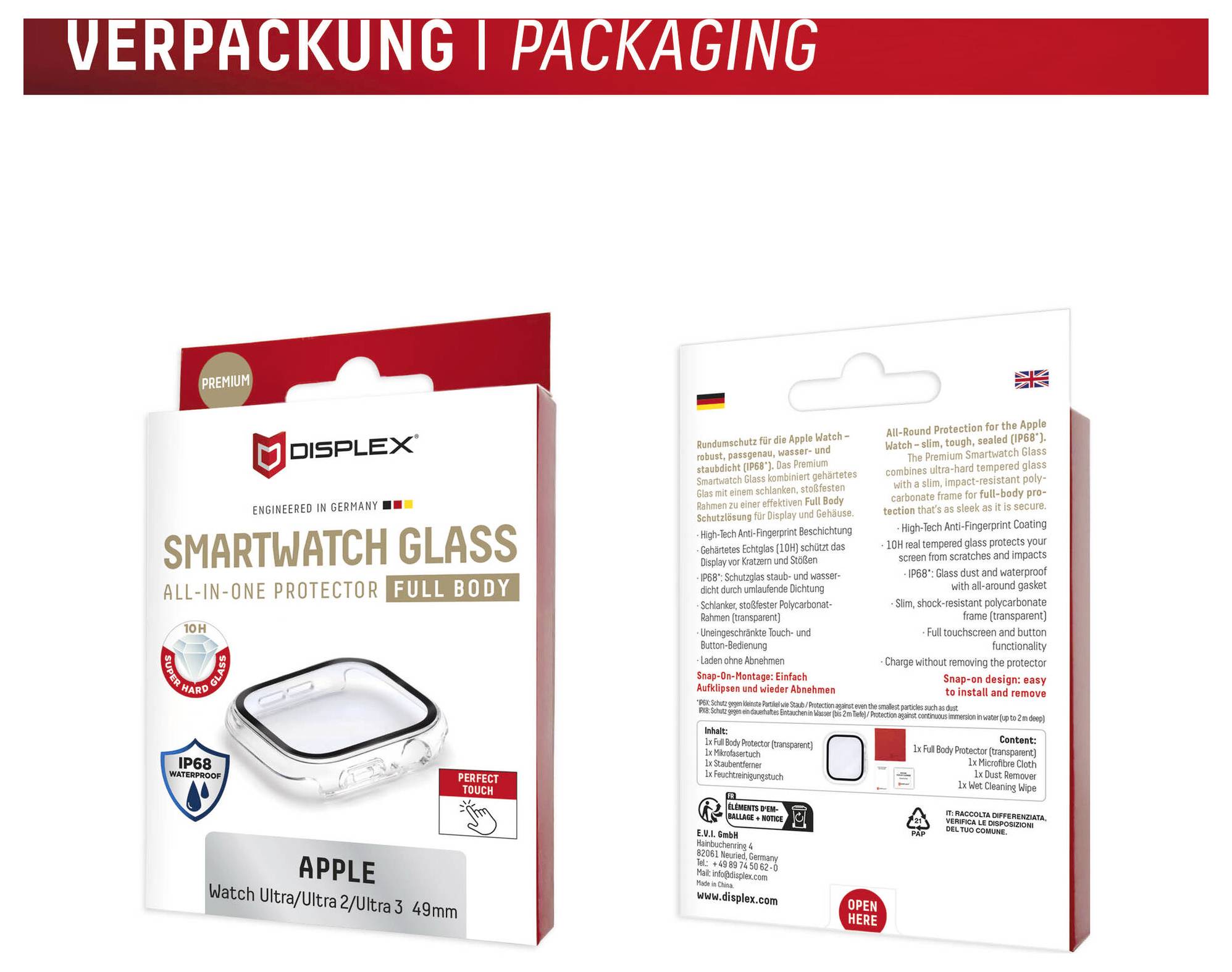 Deux vues d'un emballage de protecteur d'écran en verre intelligent Displex pour Apple Watch Ultra/Ultra 2/Ultra 3, montrant l'avant et l'arrière de l'emballage.