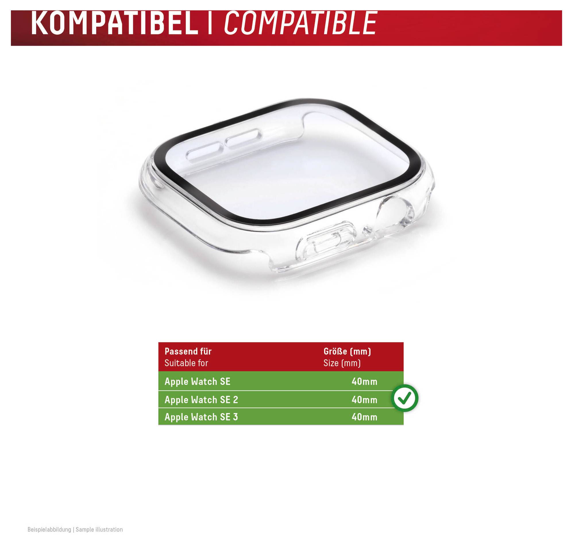 Étui de protection transparent compatible avec Apple Watch SE, SE 2 et SE 3, tous les modèles 40 mm ; étiqueté « KOMPATIBEL | COMPATIBLE ».