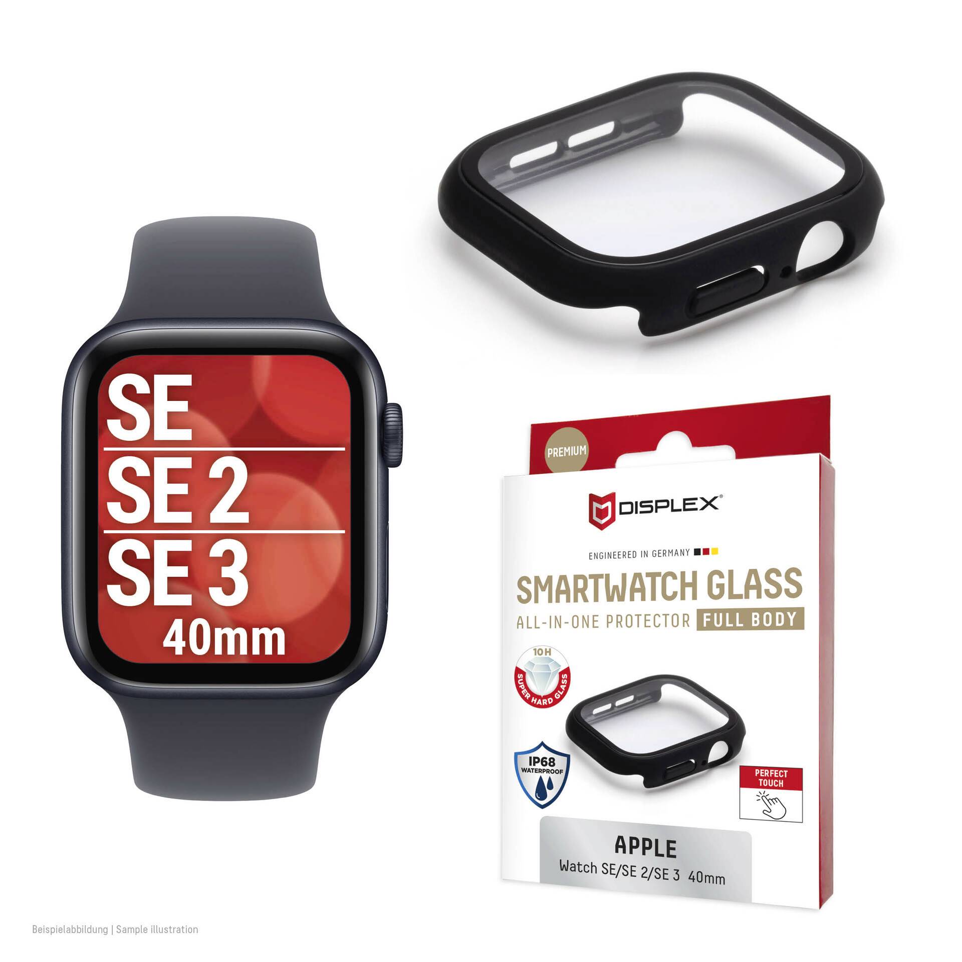 Apple Watch avec boîtier noir affichant « SE », « SE 2 », « SE 3 », 40 mm, accompagnée d'un étui de protection en verre et de l'emballage du produit.
