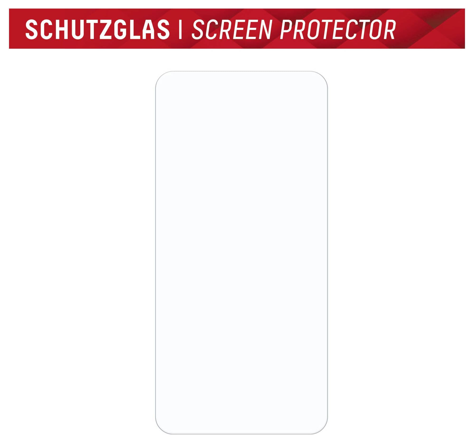 Modèle de protecteur d'écran de téléphone blanc étiqueté « SCHUTZGLAS | PROTECTEUR D'ÉCRAN » sur une bannière rouge.