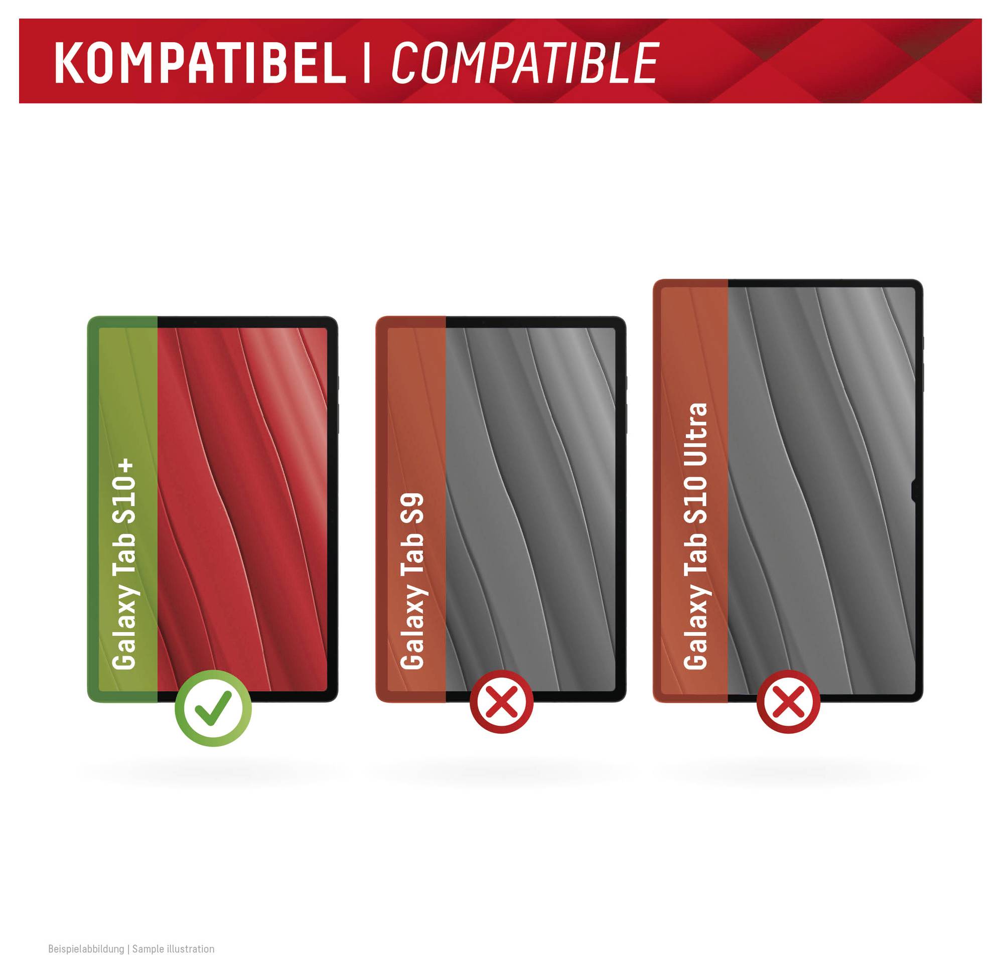 Graphique de compatibilité montrant « Galaxy Tab S10+ » comme compatible avec un étui, tandis que « Galaxy Tab S9 » et « Galaxy Tab S10 Ultra » ne le sont pas.