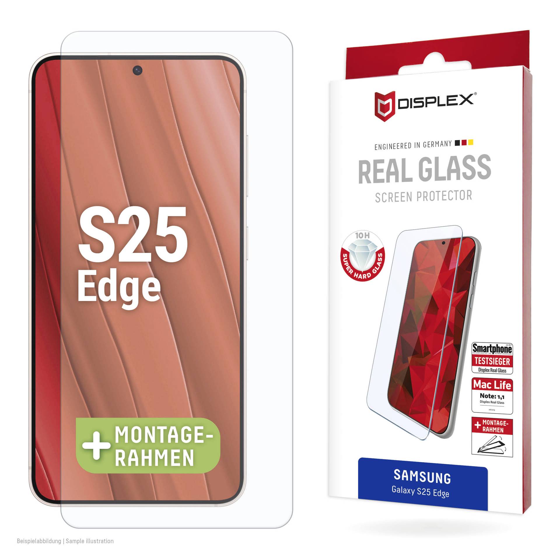 Affichage d'un protecteur d'écran Samsung Galaxy S25 Edge : avant du téléphone avec « S25 Edge » et une boîte de protecteur Displex « Real Glass » étiquetée Samsung Galaxy S25 Edge.