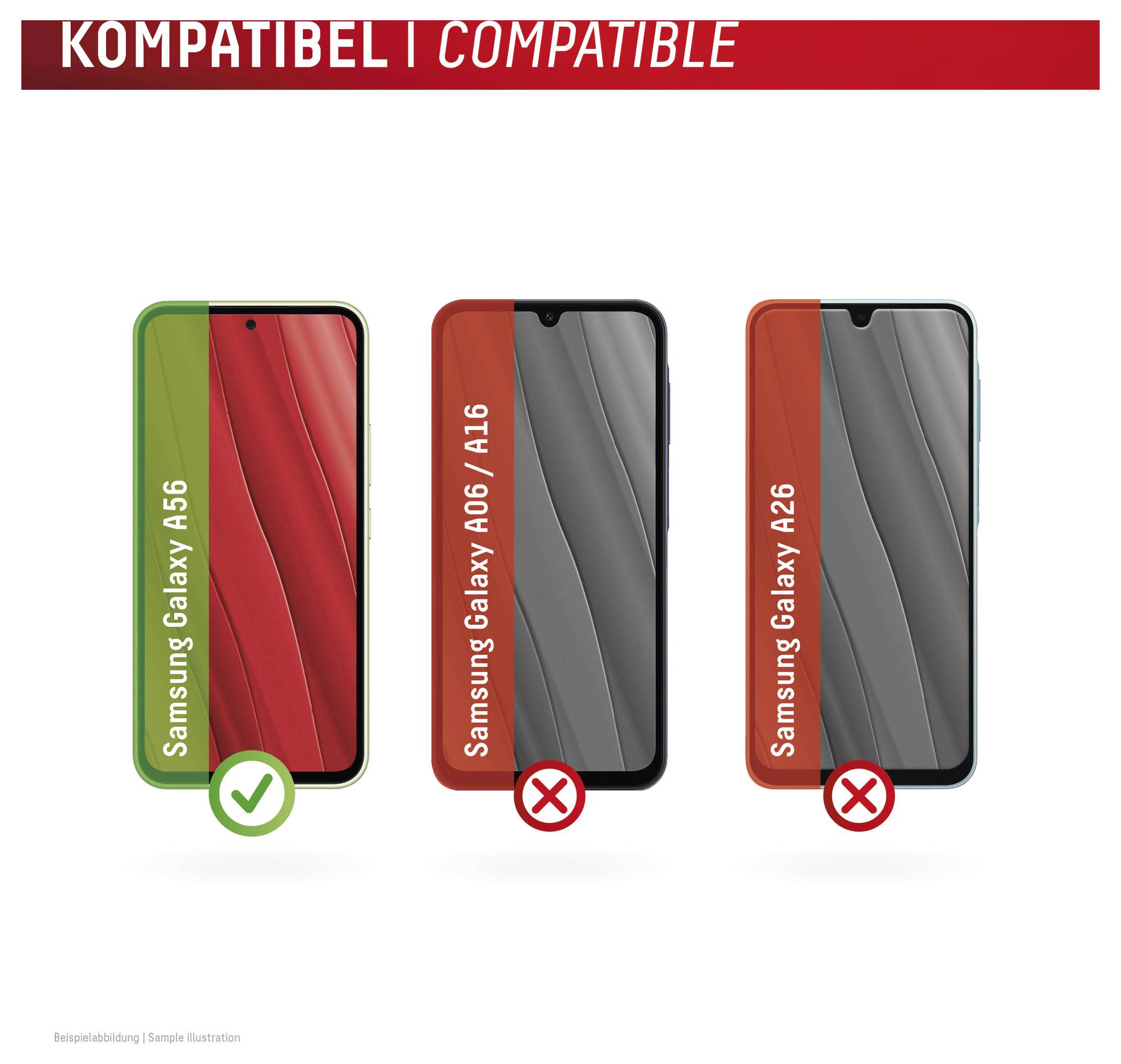 Graphique de compatibilité montrant que Samsung Galaxy A56 est compatible, tandis que Galaxy A06/A16 et Galaxy A26 ne le sont pas.