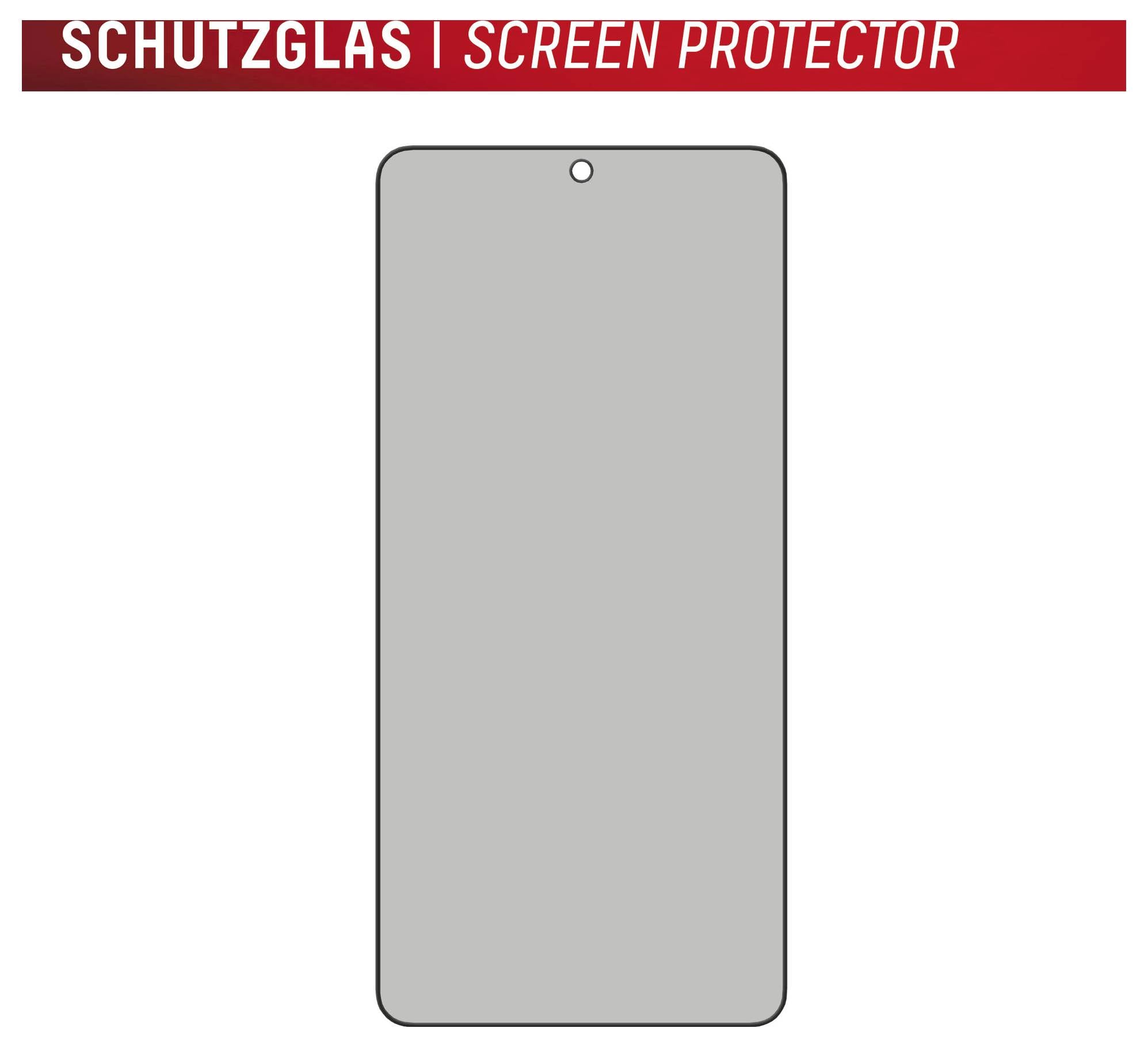 Modèle de protecteur d'écran pour smartphone gris étiqueté « SCHUTZGLAS | PROTECTEUR D'ÉCRAN » avec contour de téléphone en vue de face centré et découpe de caméra.