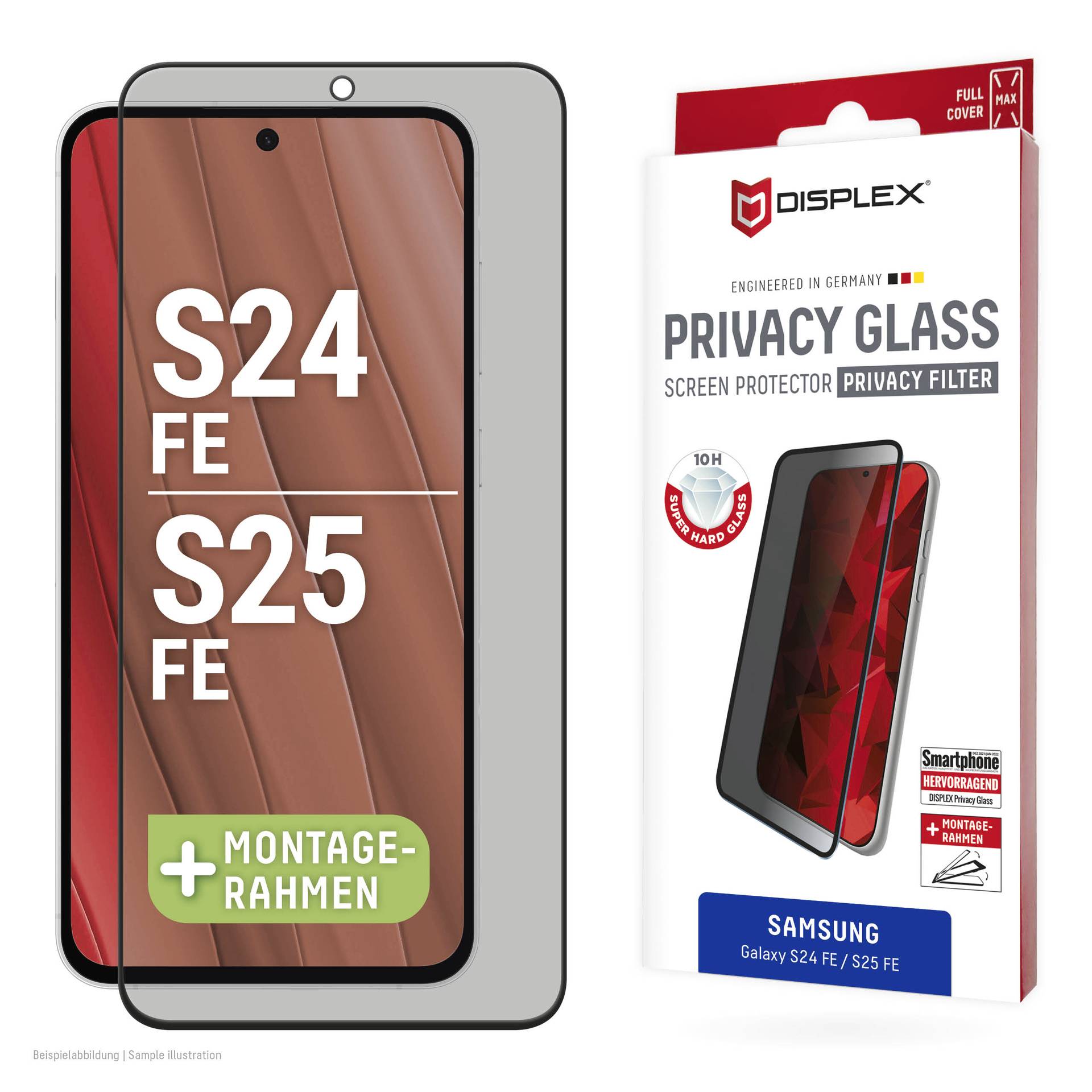 Protecteur d'écran en verre teinté Displex pour Samsung Galaxy S24 FE et S25 FE, montré sur un téléphone avec cadre de montage et emballage de vente au détail.