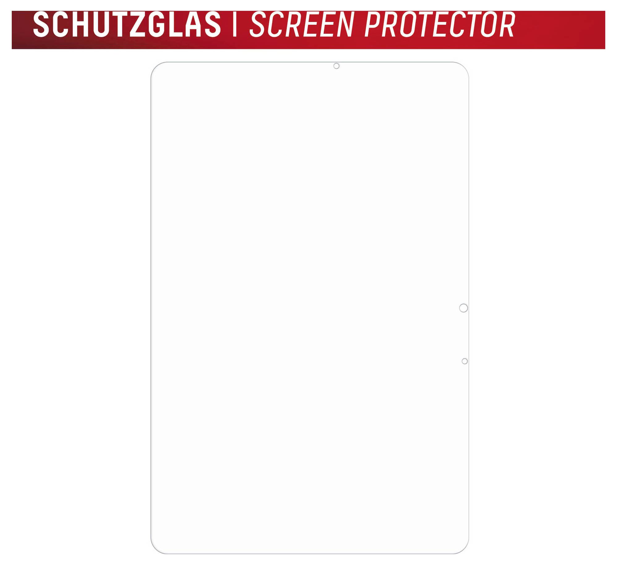 Illustration de protecteur d'écran vierge avec l'étiquette « SCHUTZGLAS | SCREEN PROTECTOR » dans une bannière rouge, montrant un film transparent de forme rectangle arrondie sur un fond blanc.