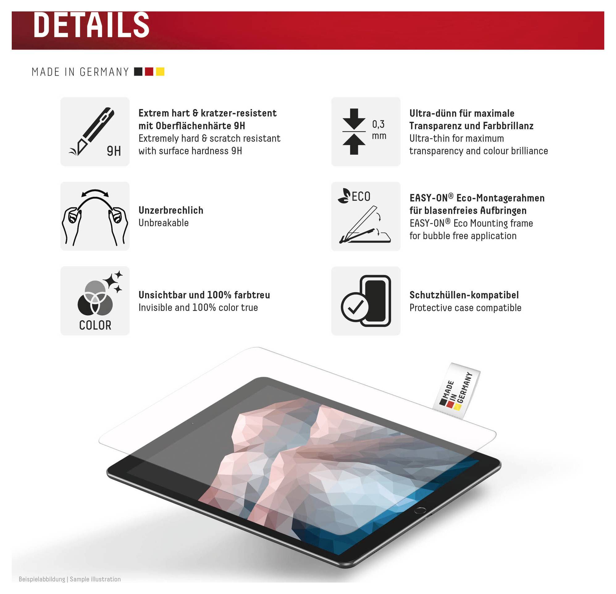 Détails du produit pour un protecteur d'écran de tablette : Résistance aux rayures 9H, ultra-fin 0,3 mm, incassable, montage écologique sans bulles, invisible 100 % couleurs fidèles, compatible avec étui ; illustré sur une tablette.