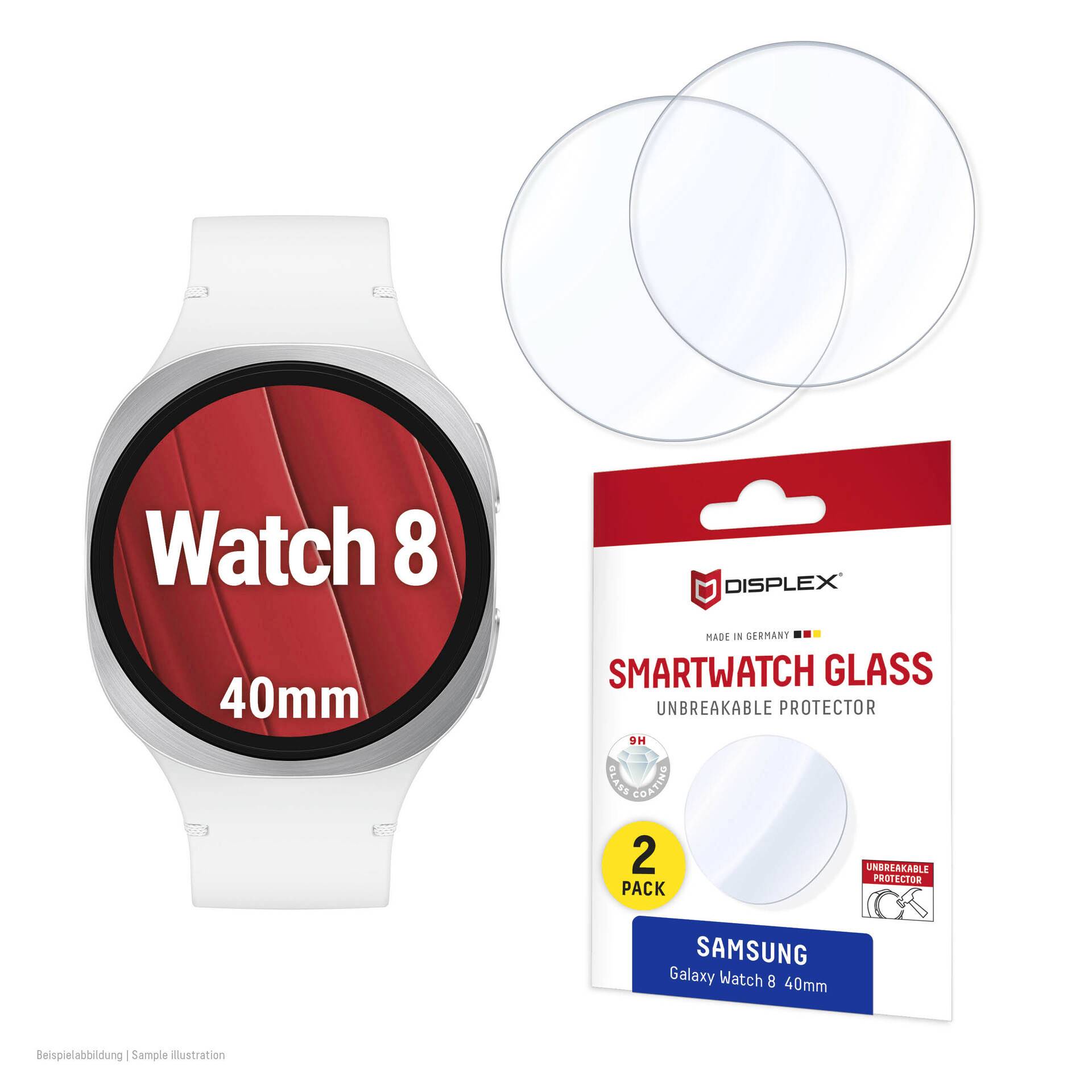 Montre Samsung Galaxy Watch 8 40mm avec deux protecteurs d'écran transparents et emballage étiqueté « Smartwatch Glass » et « Pack de 2 ».
