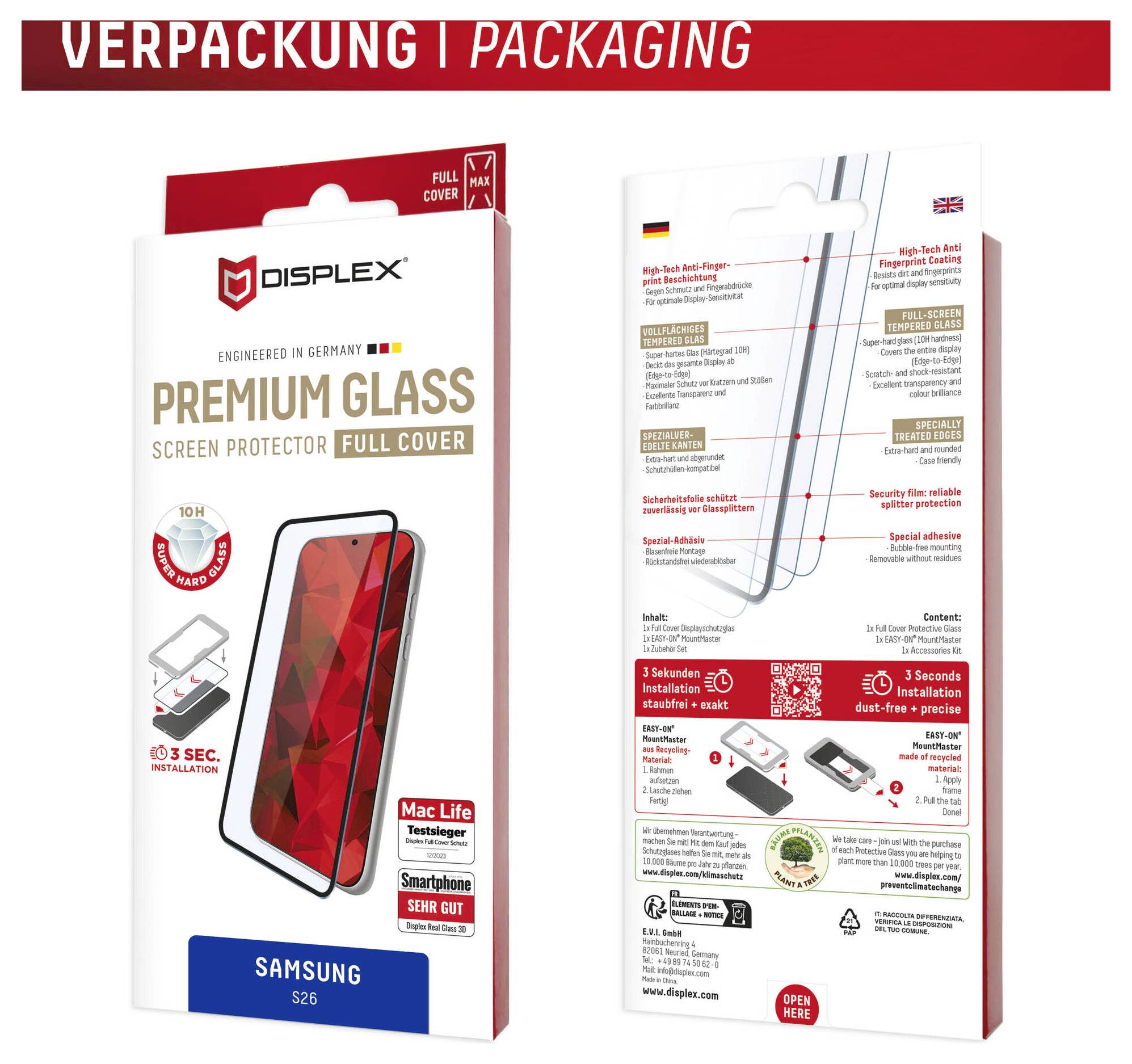 Emballage du protecteur d'écran en verre premium Displex pour Samsung S26, montrant l'avant et l'arrière de la boîte avec les caractéristiques du produit et les icônes d'installation.
