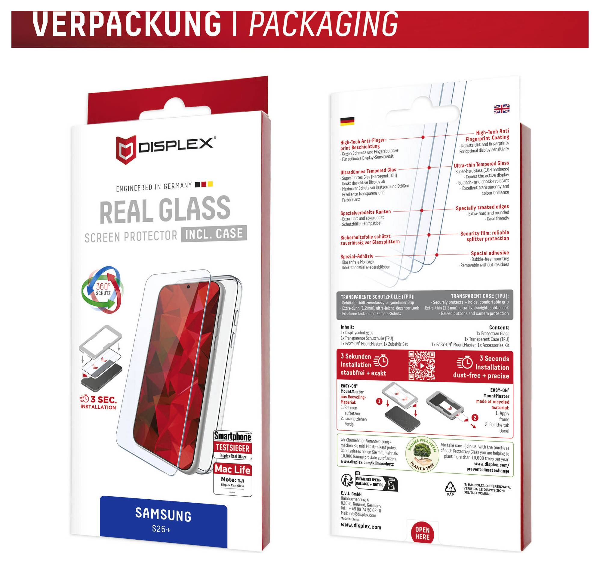 Emballage pour protecteur d'écran en verre véritable Displex avec étui, montré recto et verso, pour smartphone Samsung S26+.