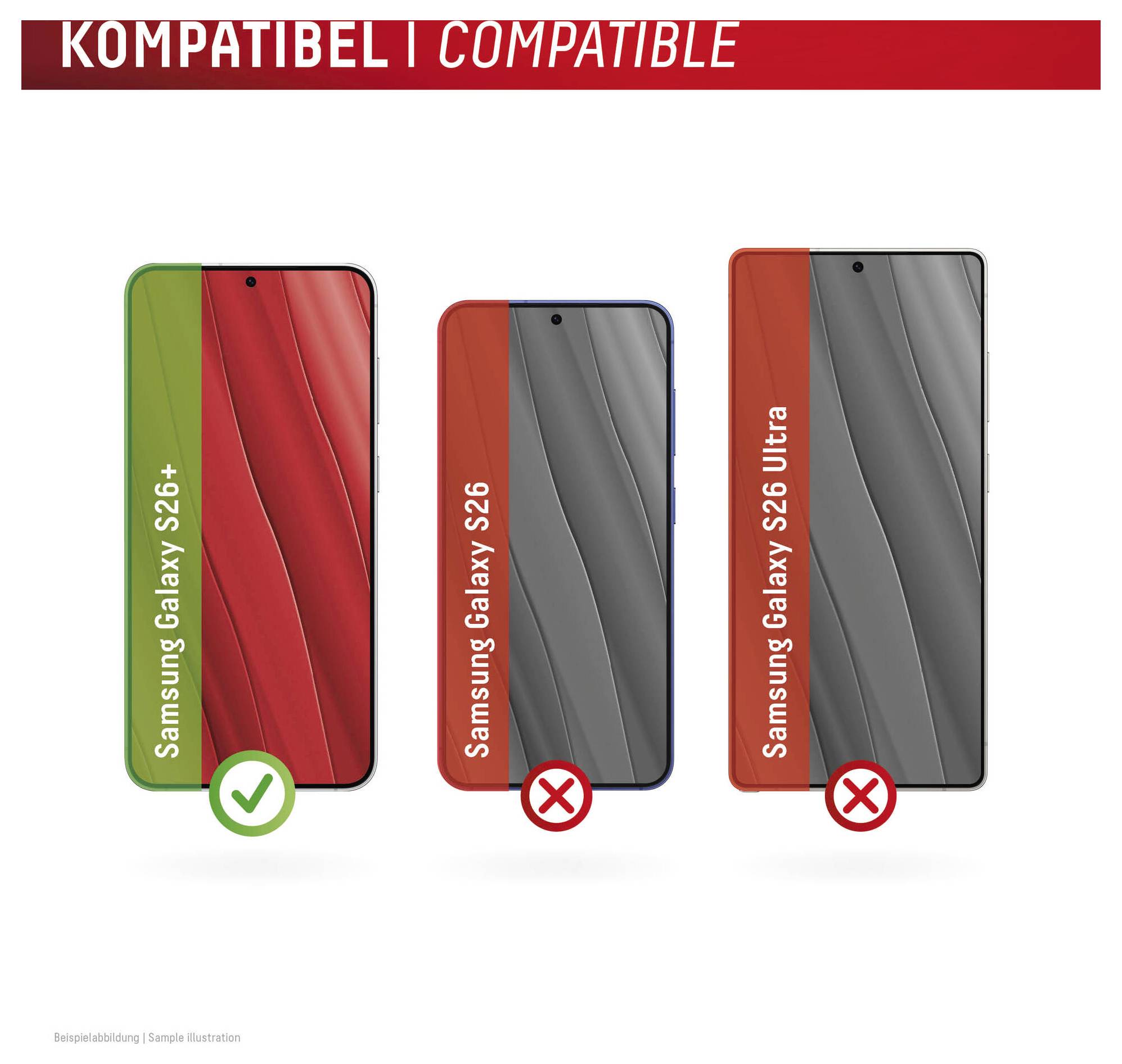 Graphique de compatibilité montrant le Samsung Galaxy S26+ comme compatible avec une coche verte, et le Galaxy S26 et le Galaxy S26 Ultra comme incompatibles avec des X rouges.