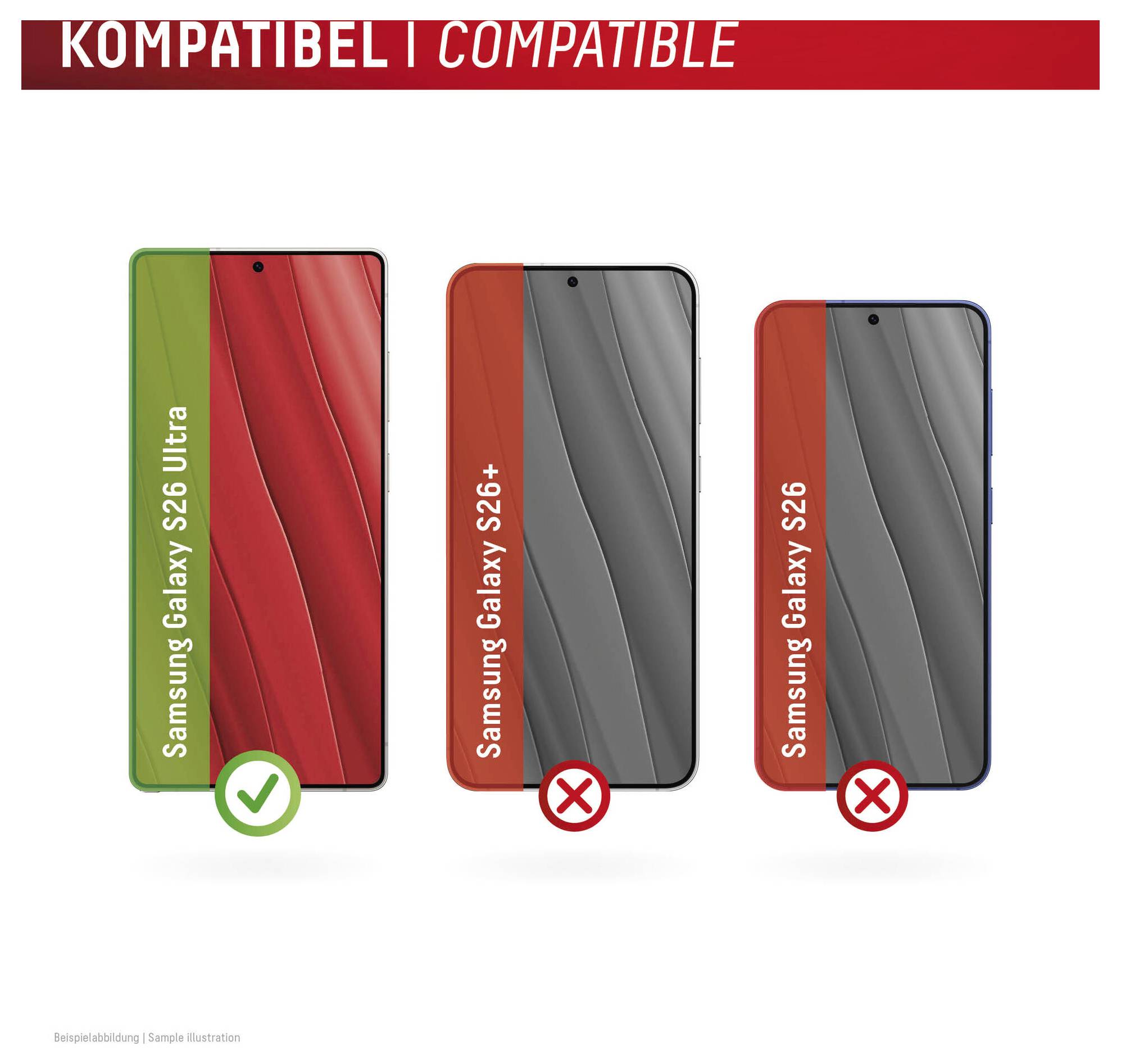 Graphique de compatibilité montrant qu'un protecteur d'écran s'adapte uniquement au Samsung Galaxy S26 Ultra, et non au Galaxy S26+ ou au Galaxy S26.