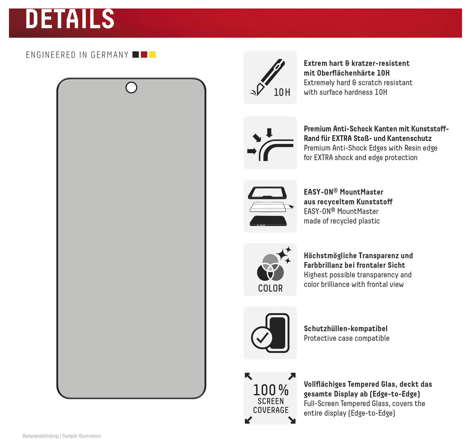 Détails du produit pour un protecteur d'écran de téléphone : verre trempé bord à bord, résistance aux rayures 10H, bords anti-choc, compatible avec les étuis, couverture complète.