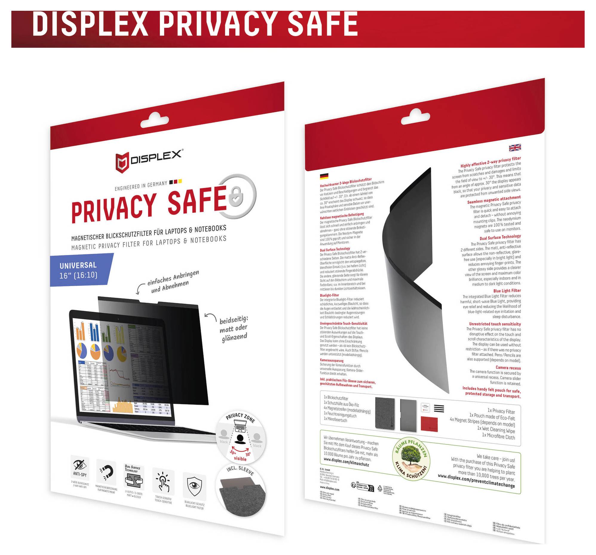 Emballage du filtre de confidentialité d'écran Displex Privacy Safe pour ordinateur portable montré de face et de dos, étiqueté « Privacy Safe » et « Universal 16:10 ».