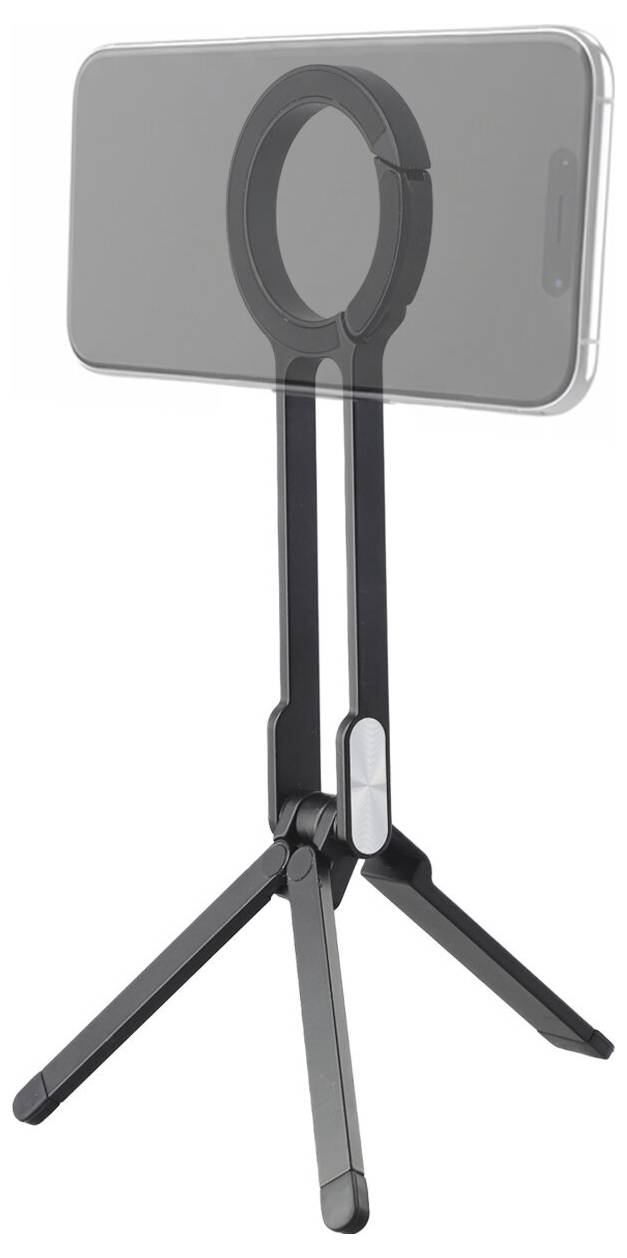 Smartphone monté sur un trépied de support pliable noir avec support annulaire ajustable pour visualisation ou enregistrement en mains libres.