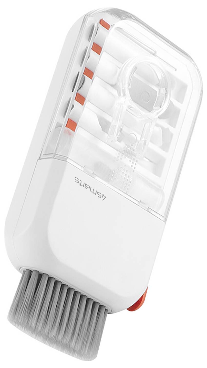 Brosse de nettoyage électrique portative blanche avec un capuchon transparent, des accents orange et des poils gris, présentée sous un angle sur un fond blanc.