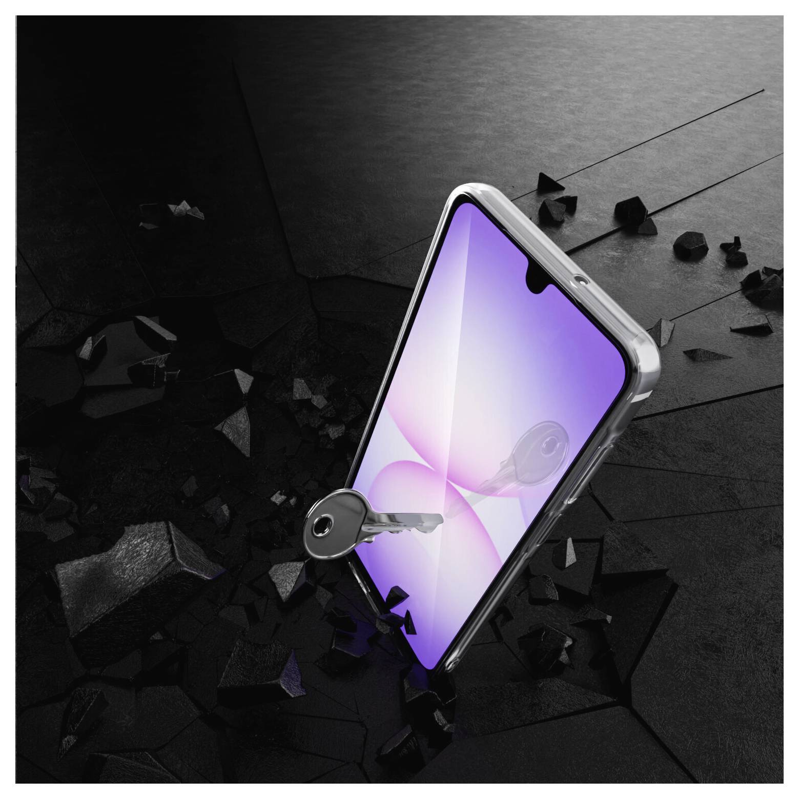 Un téléphone intelligent avec un écran violet lumineux est ouvert par une clé, symbolisant le déverrouillage ou l'accès.