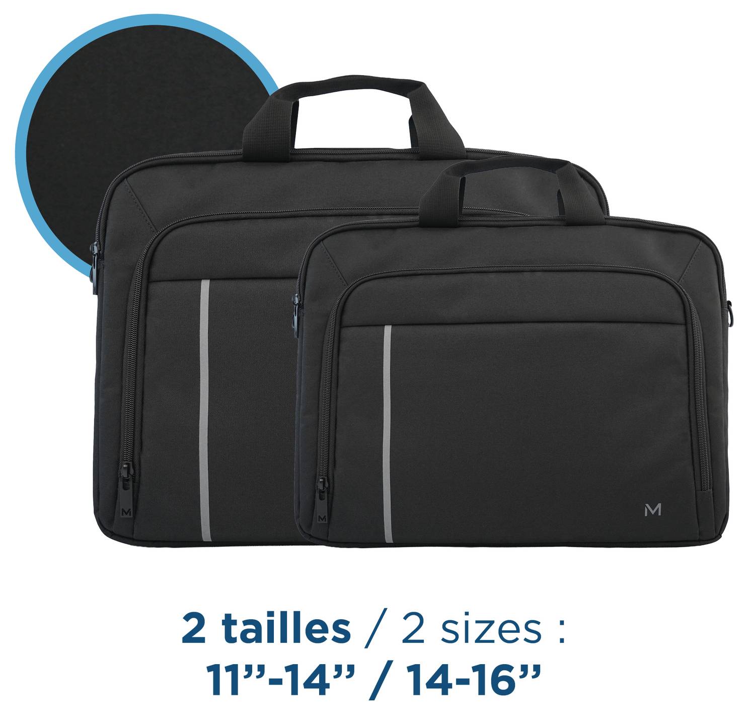 Deux sacs pour ordinateur portable noirs en deux tailles, avec le texte indiquant « 2 tailles / 2 sizes: 11"-14" / 14-16" ».