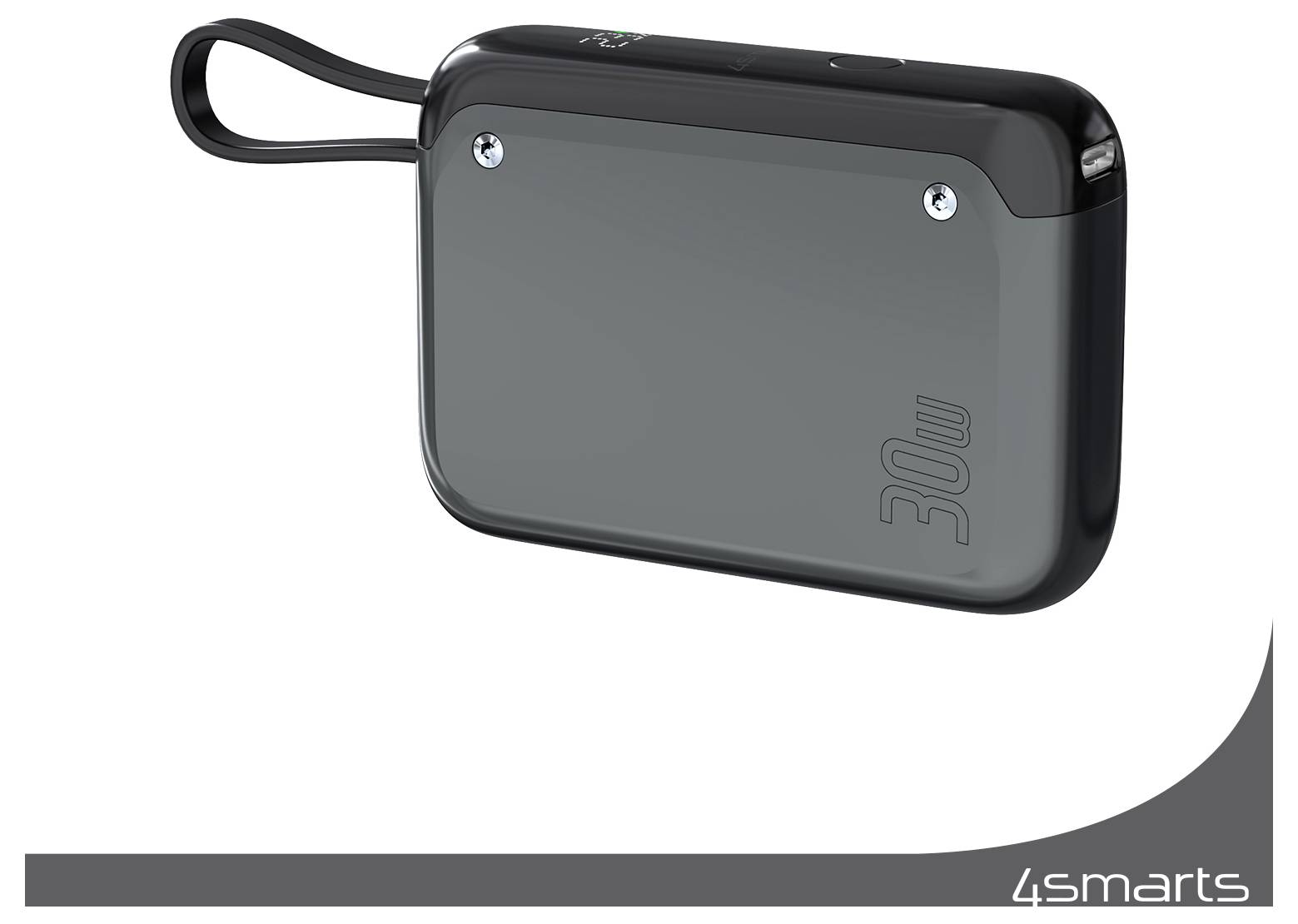 Appareil électronique portable compact noir et gris avec une sangle de poignet, présenté sur un fond blanc avec la marque « 4smarts ».