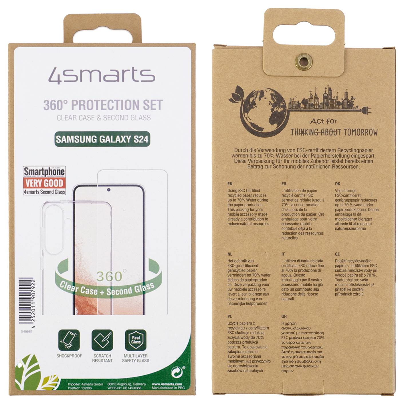 Avant et arrière d'un emballage de kit de protection 360° 4smarts pour Samsung Galaxy S24, montrant une coque transparente et une deuxième vitre sur un emballage en carton.