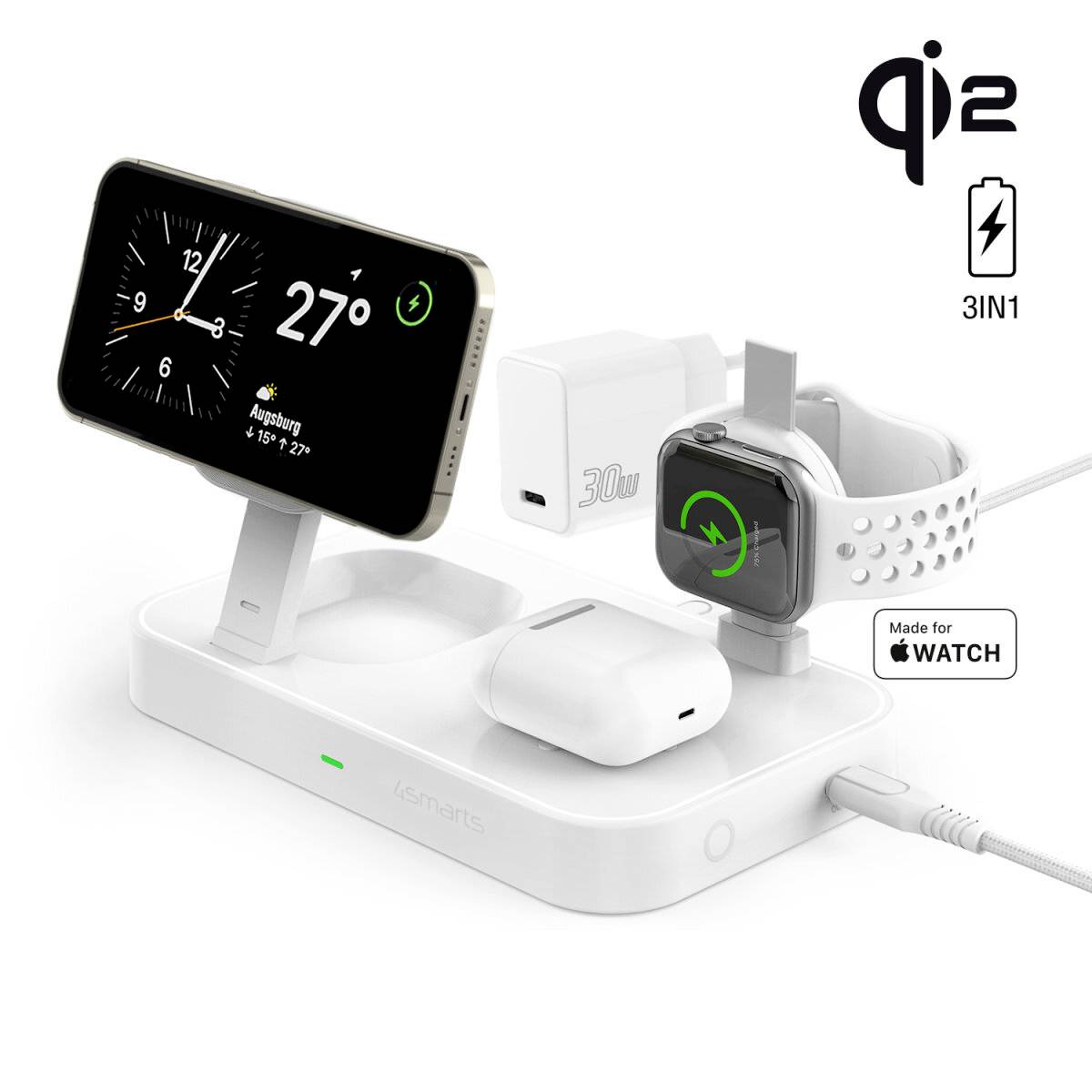 Station de charge sans fil 3 en 1 avec support pour iPhone, Apple Watch et AirPods, affichant la charge des trois appareils sur une base blanche.