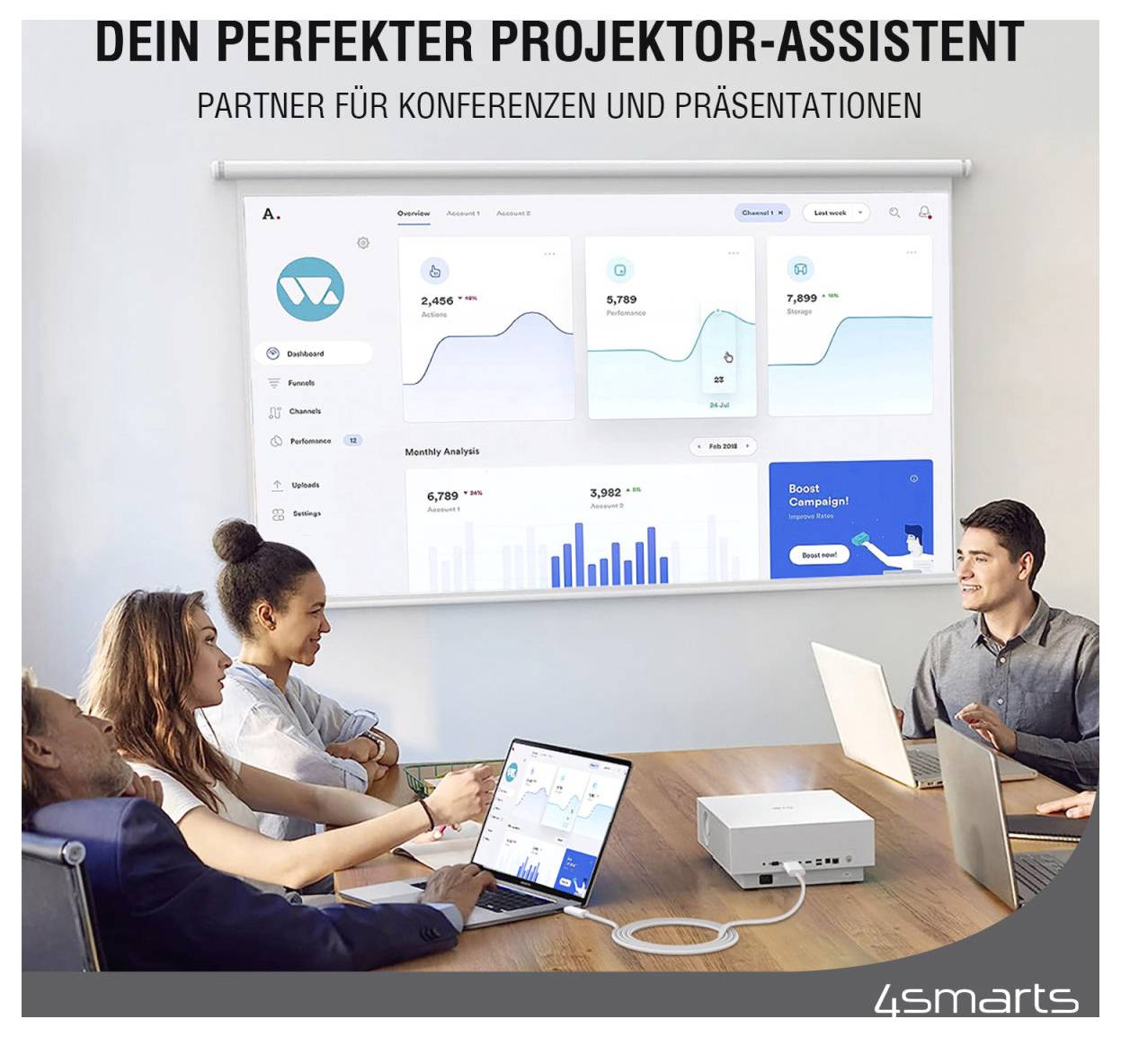 Réunion d'affaires avec un projecteur affichant des tableaux de bord analytiques et des graphiques ; le texte dit « TON ASSISTANT PROJECTEUR PARFAIT » et « PARTENAIRE POUR LES CONFÉRENCES ET LES PRÉSENTATIONS ».