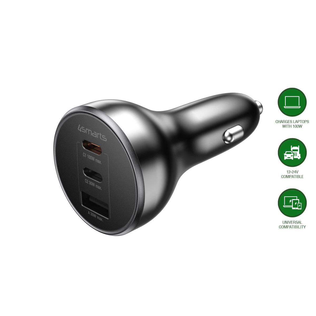 Chargeur de voiture noir avec ports USB-C et USB-A ; les icônes indiquent qu'il charge les ordinateurs portables avec 100W, fonctionne avec les véhicules 12-24V, et est universellement compatible.